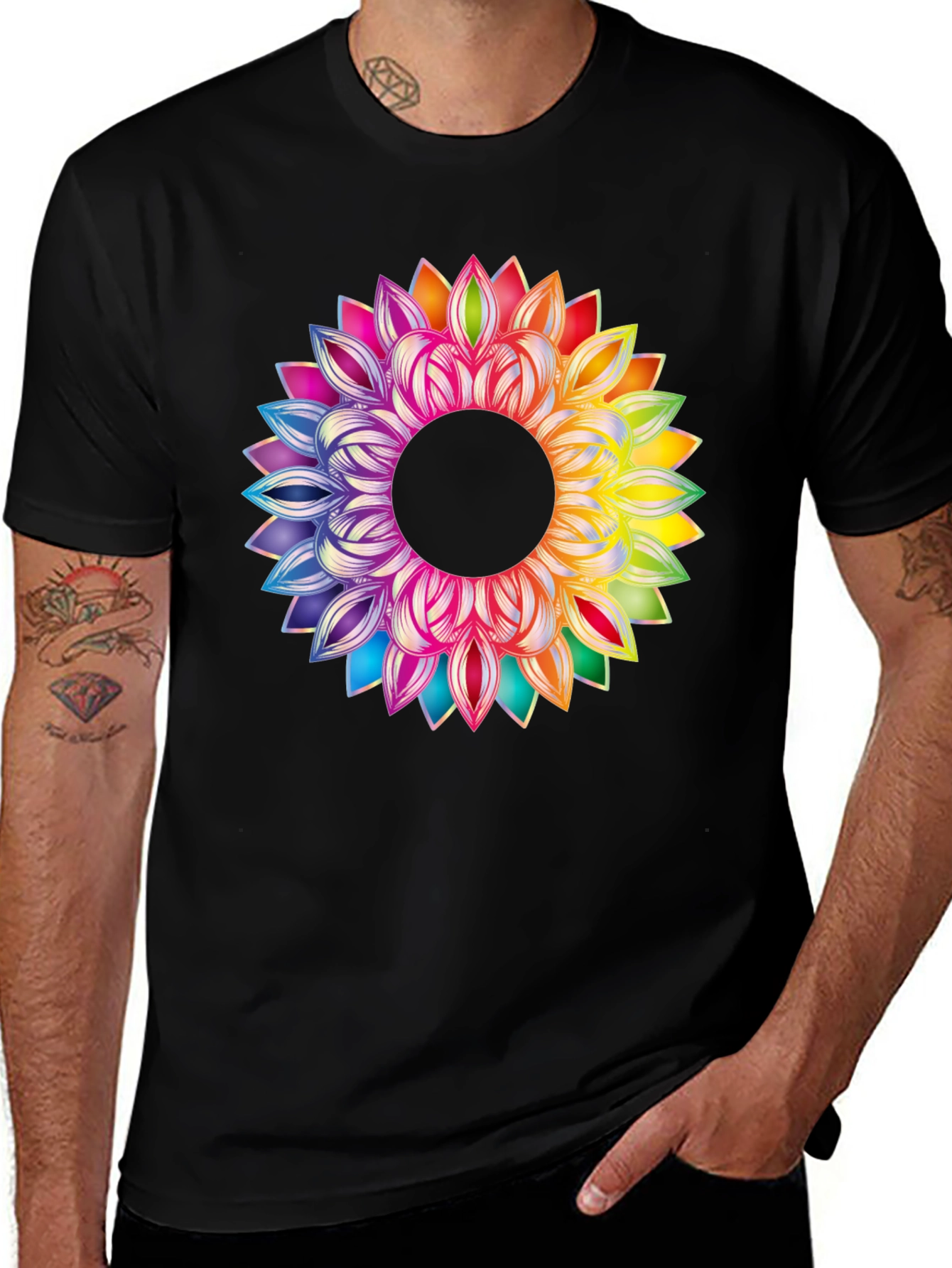 Variant 21 of Rainbow Flower Graphic Tee - Men's Black T-Shirt