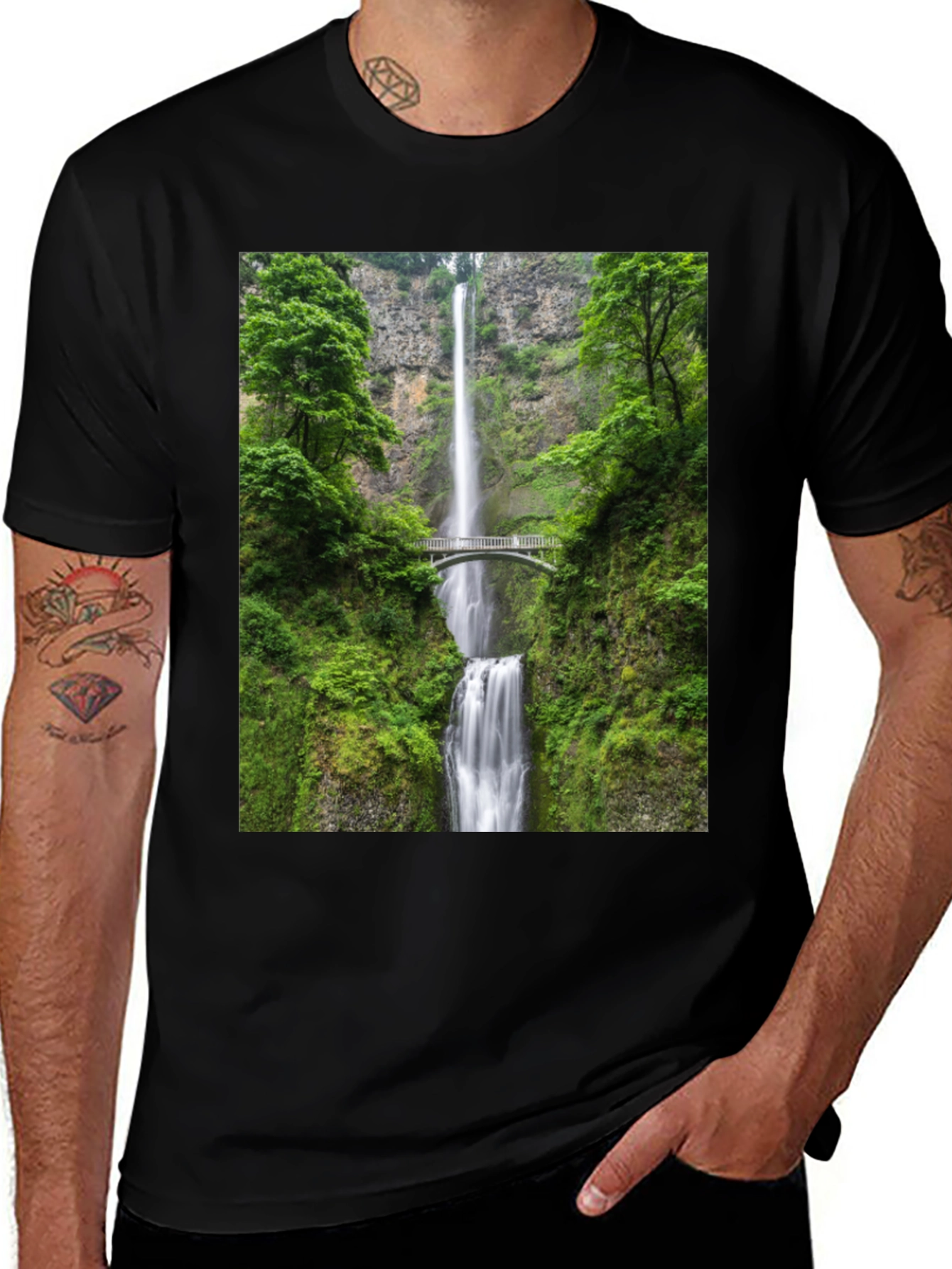 Variant 10 of Waterfall Bridge Graphic Tee - Nature Lover Shirt