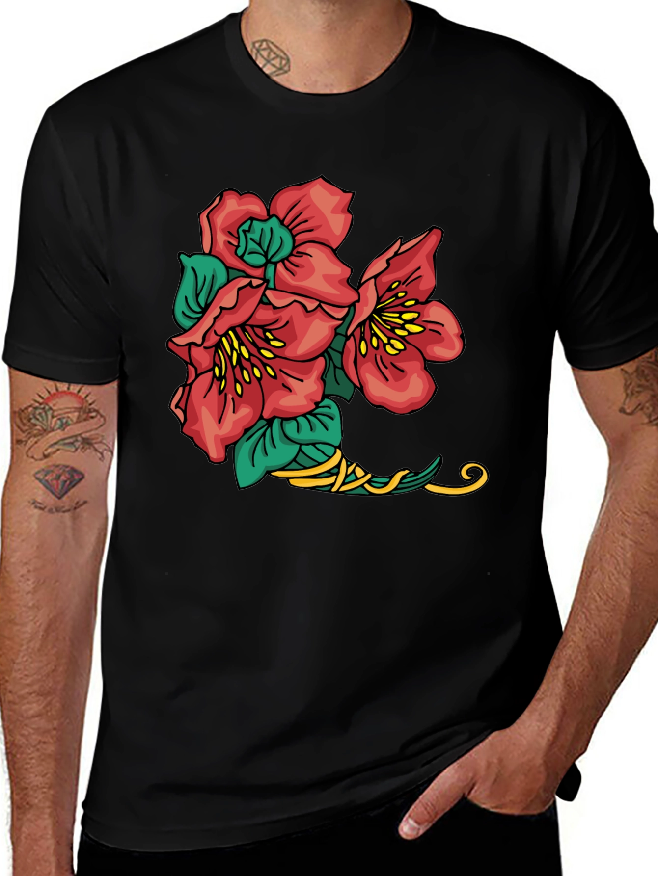 Variant 5 of Floral Graphic Tee - Black Cotton Casual Shirt