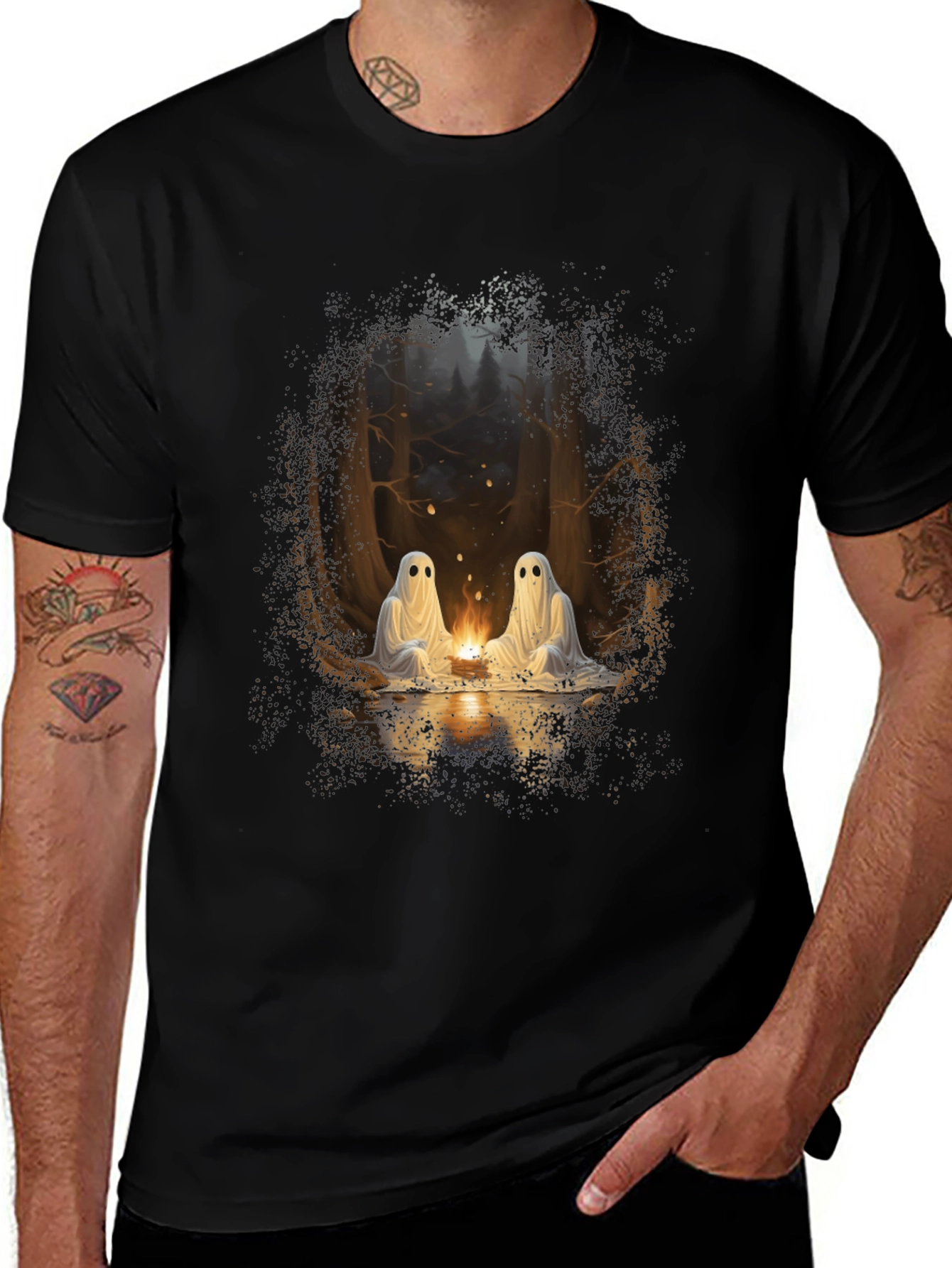 Variant 21 of Spooky Ghosts Campfire Graphic Tee - Soft Black Cotton