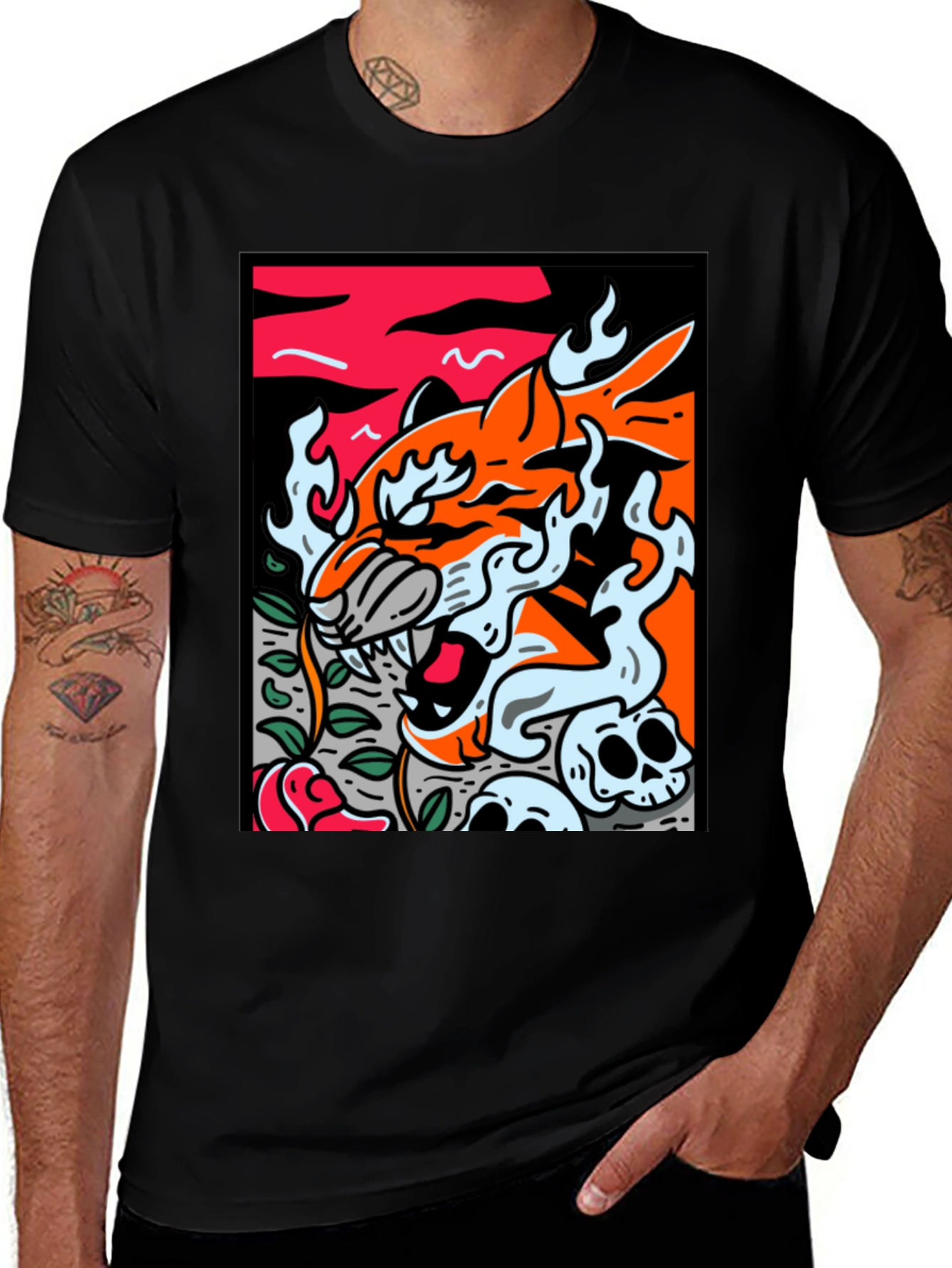 Variant 29 of Graphic Tee - Tiger, Skulls, and Rose Design