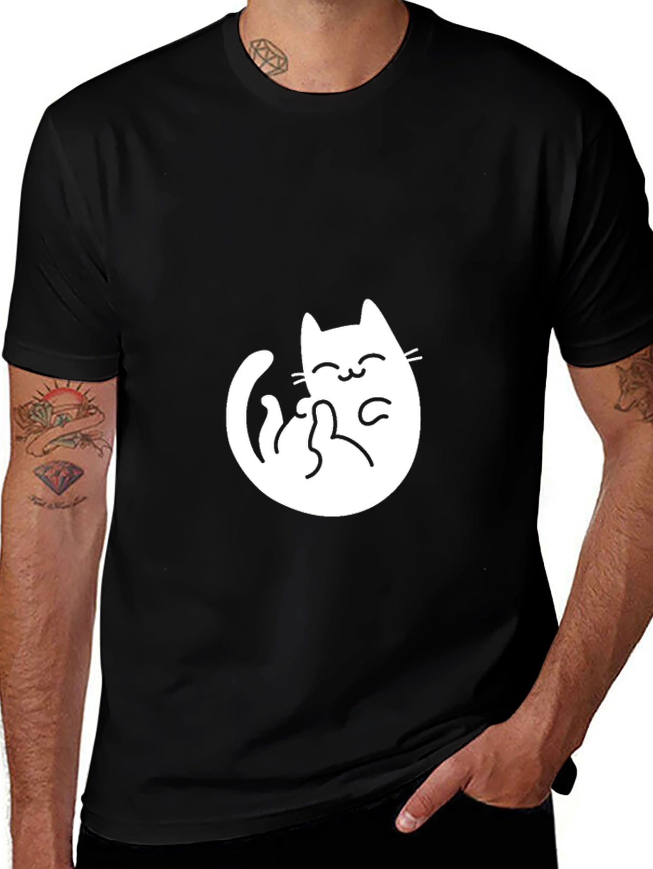 Variant 13 of Black T-Shirt with Cartoon Cat Graphic