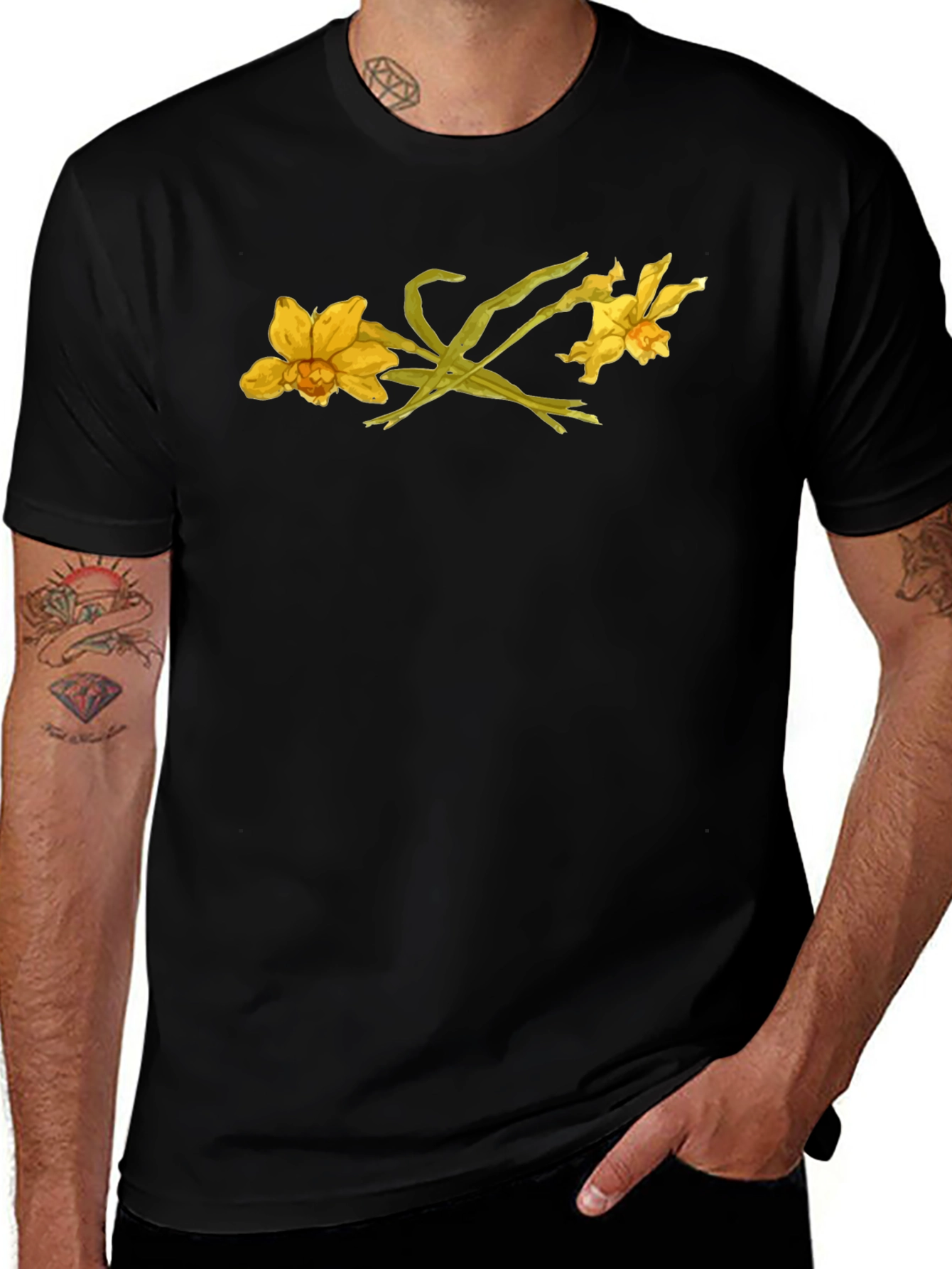 Variant 22 of Floral Graphic Black T-Shirt - Daffodil Design