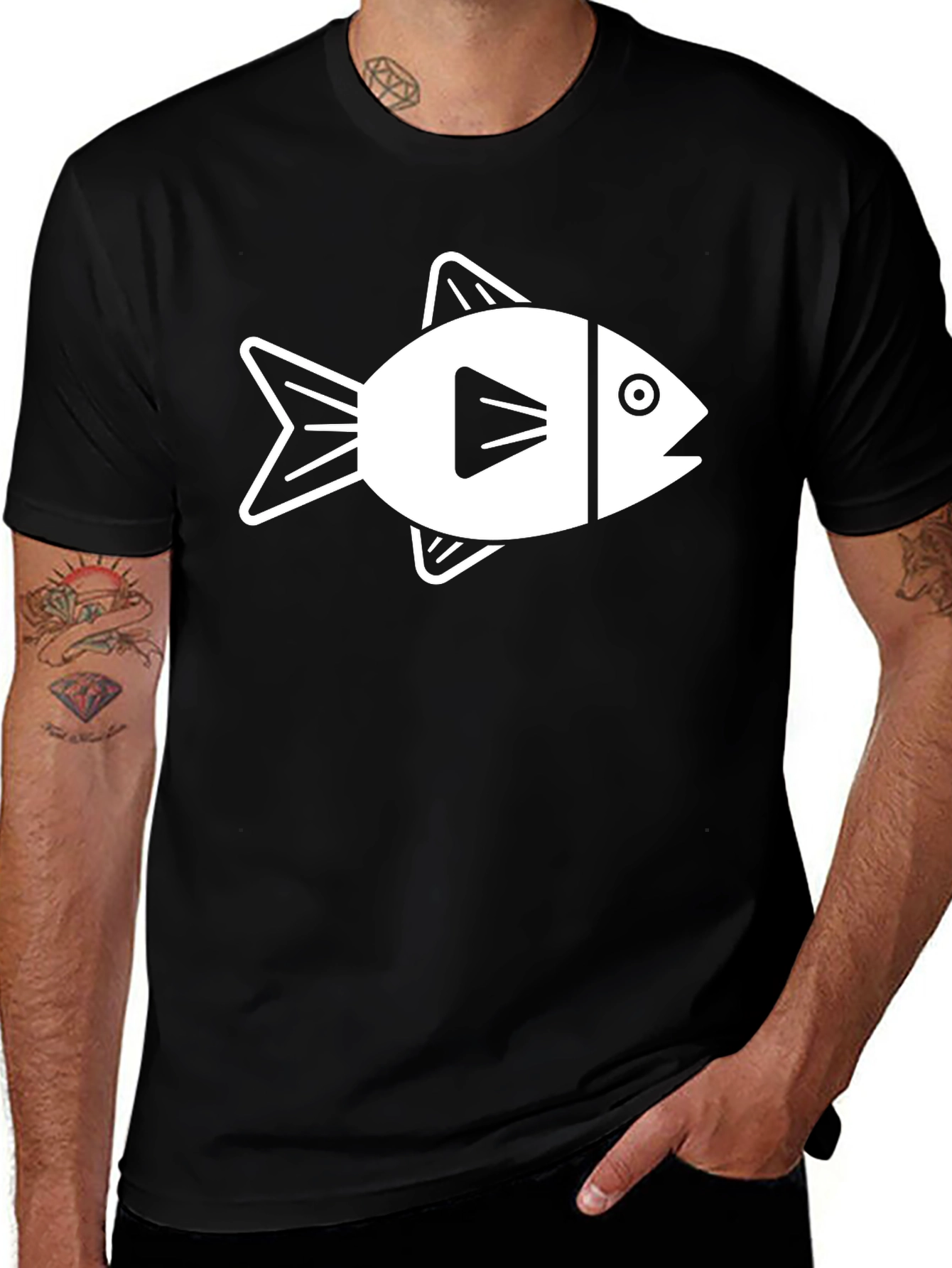 Variant 10 of Fish Play Button T-Shirt - Black Cotton Tee