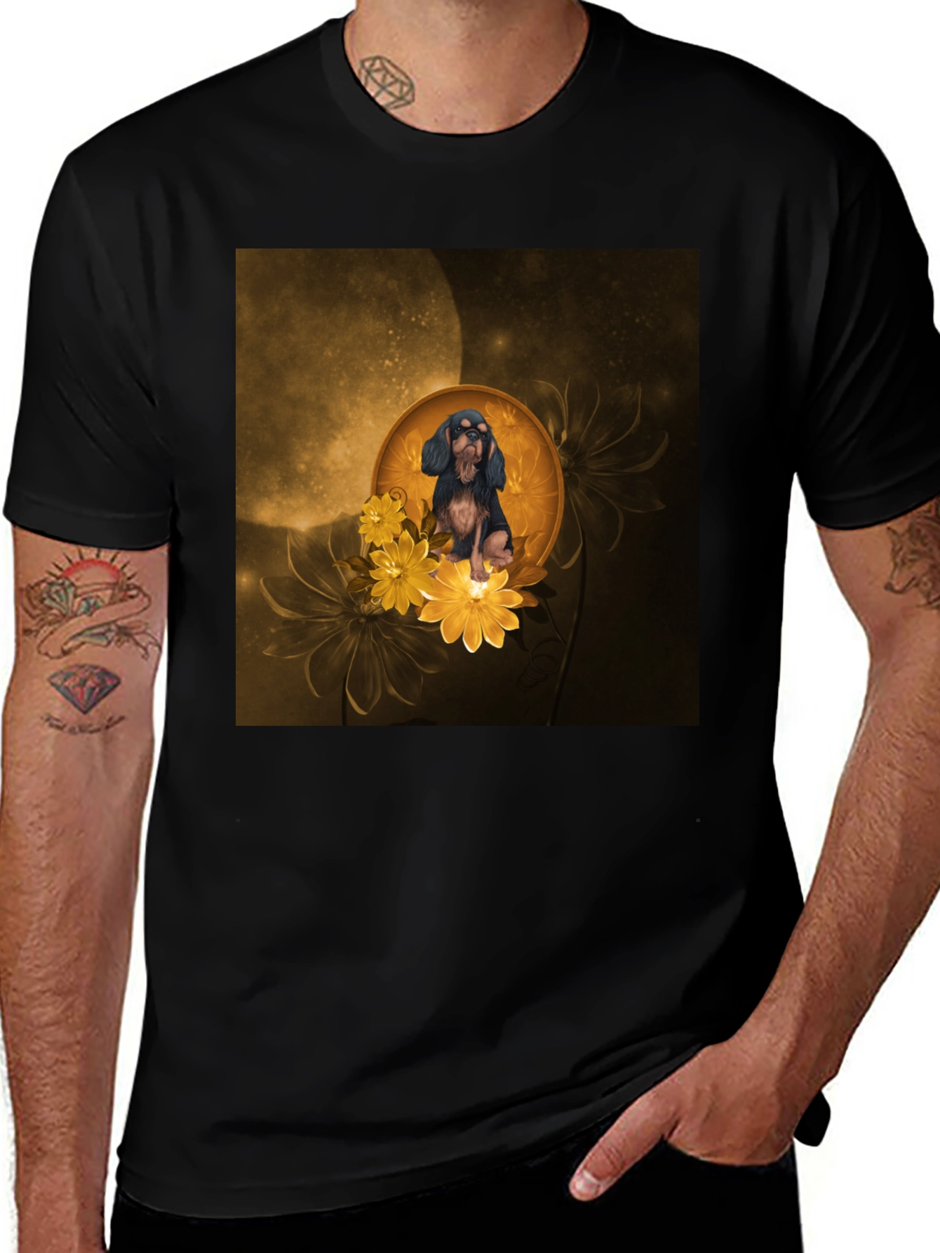 Variant 19 of Dog & Floral Graphic Tee - Unique Men's Black T-Shirt