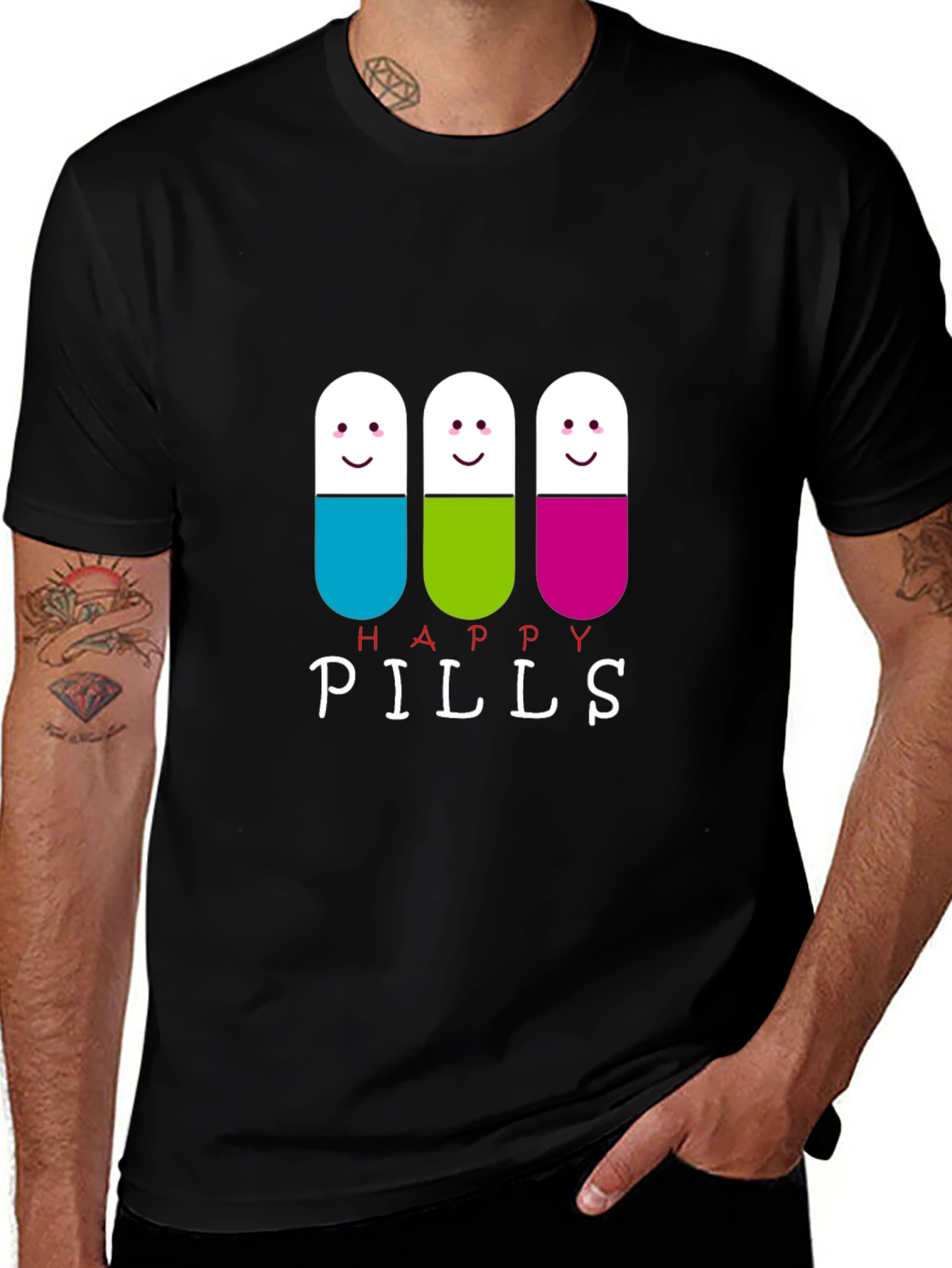 Variant 16 of Happy Pills Graphic Tee - Black Cotton T-Shirt