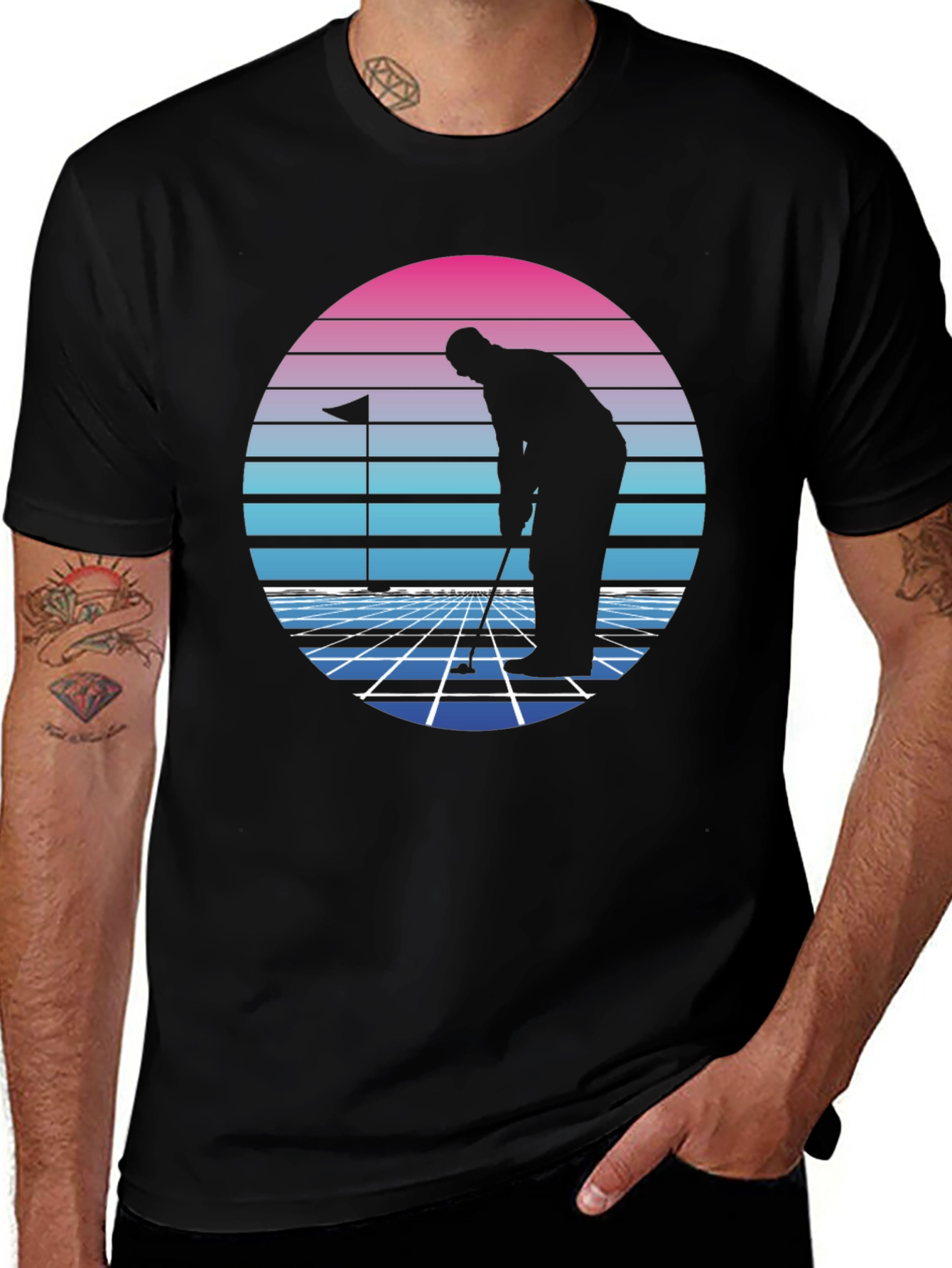 Variant 21 of Retro Golfer T-Shirt - Black Tee with Synthwave Design
