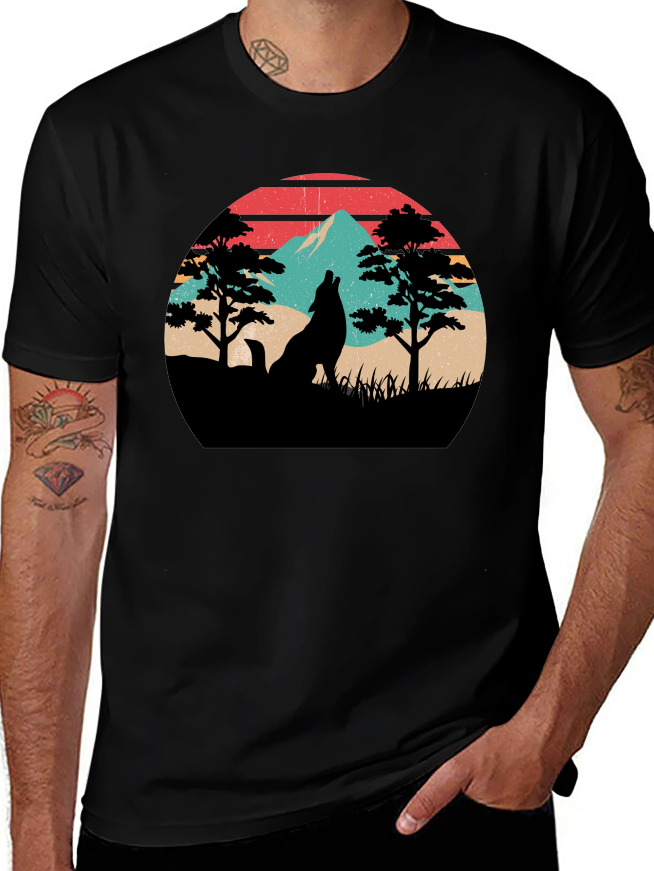Retro Wolf Mountain Graphic T-Shirt - Black