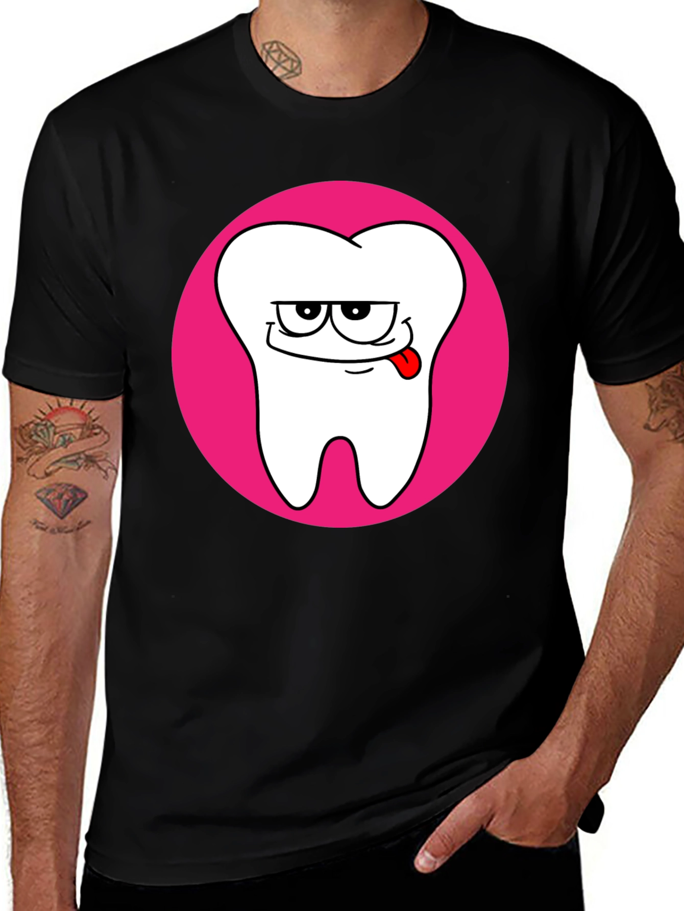 Funny Tooth Cartoon Graphic Black T-Shirt