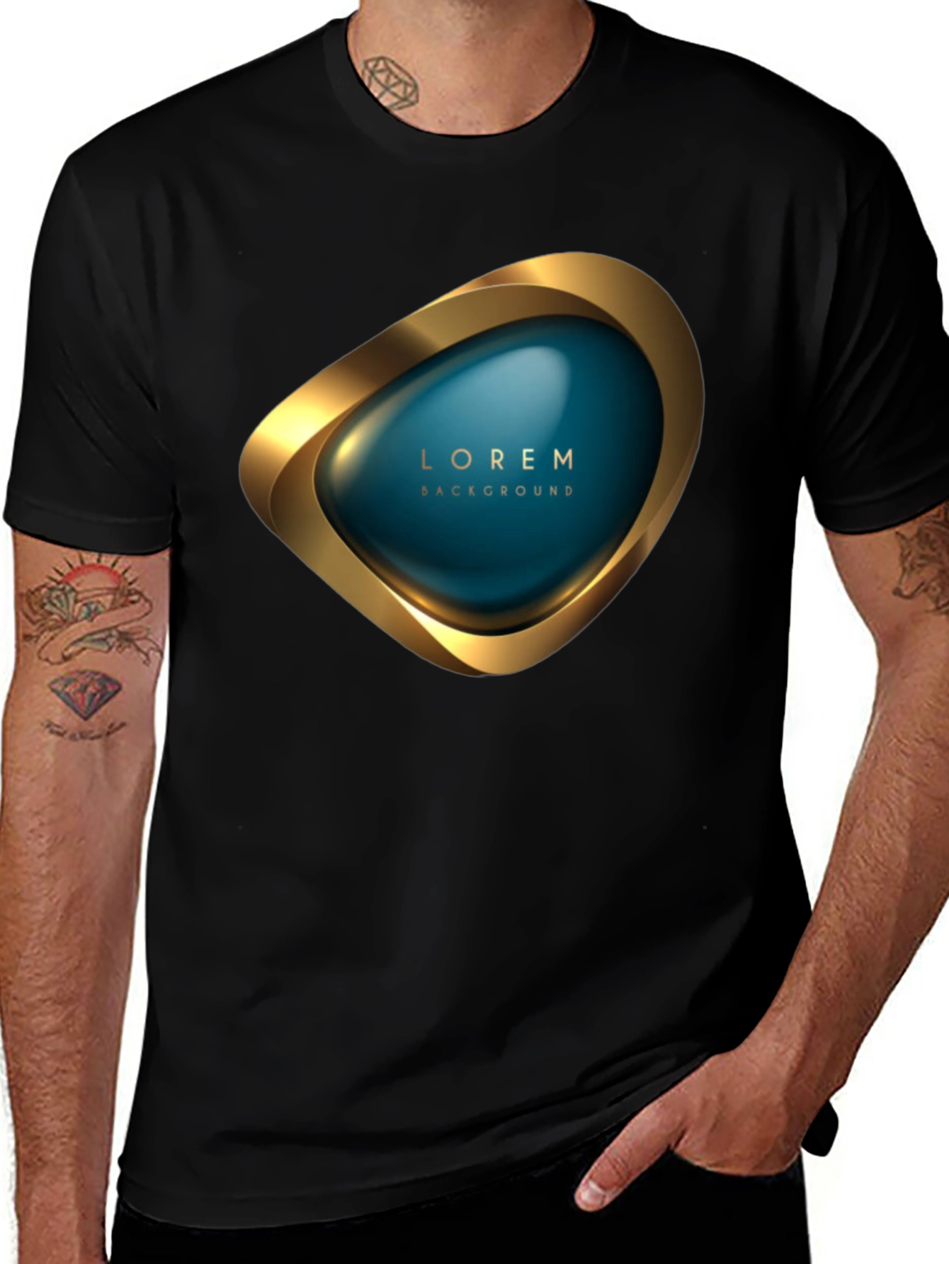 Variant 26 of Modern Black Tee with Abstract Gold and Teal Design