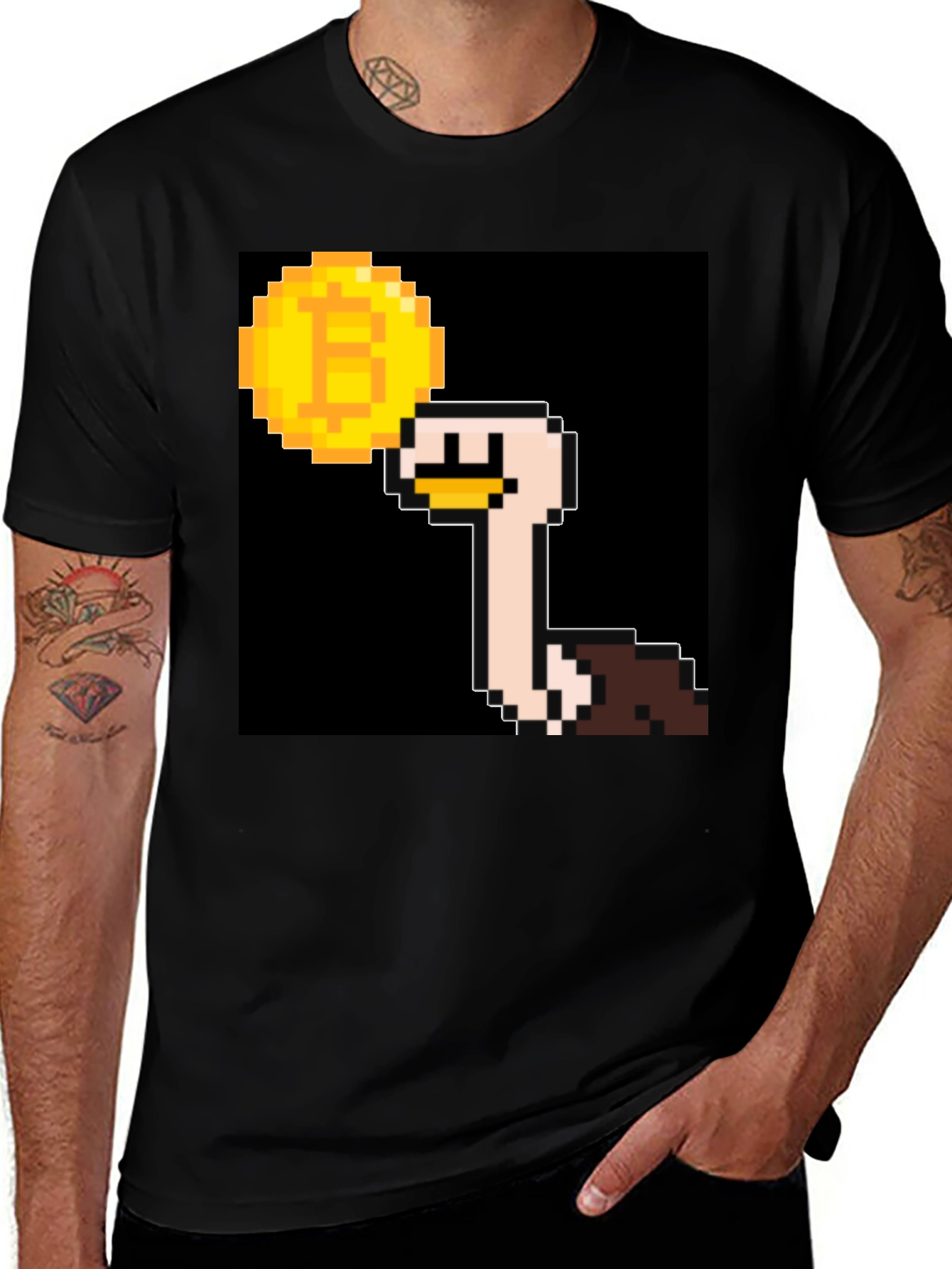 Ostrich Bitcoin Pixel Art Black T-Shirt