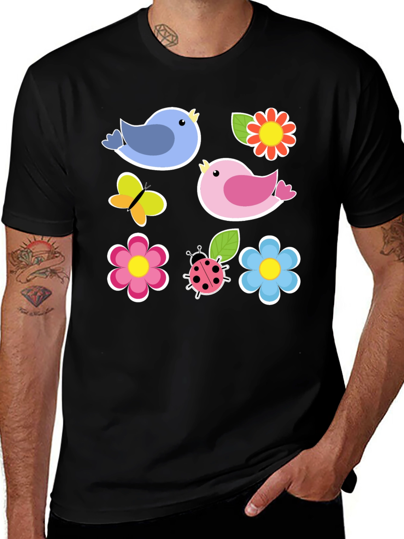Variant 2 of Cute Spring Bird & Floral Graphic Black T-Shirt