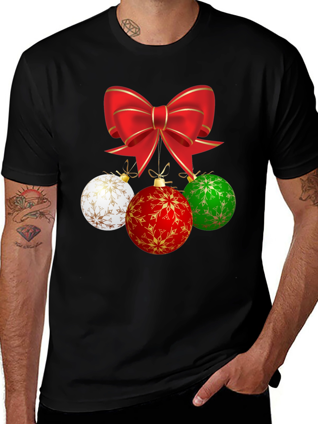 Festive Holiday T-Shirt with Bow and Ornament Design