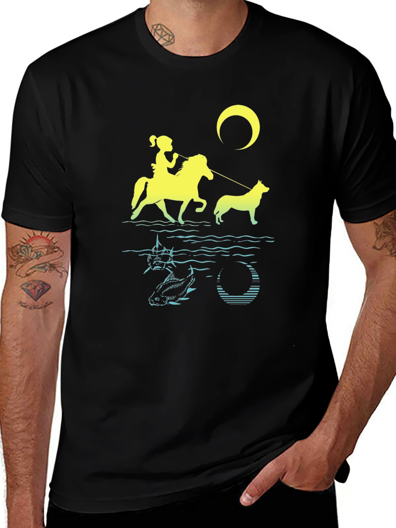 Variant 28 of Silhouette Graphic T-Shirt: Girl, Horse, Dog & Crescent Moon