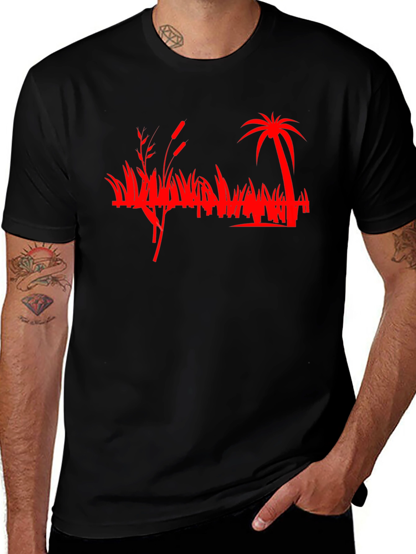 Variant 29 of Red Palm Tree Graphic Black T-Shirt
