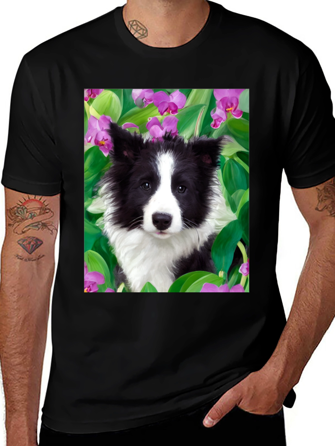 Variant 22 of Dog & Floral T-Shirt: Border Collie Style