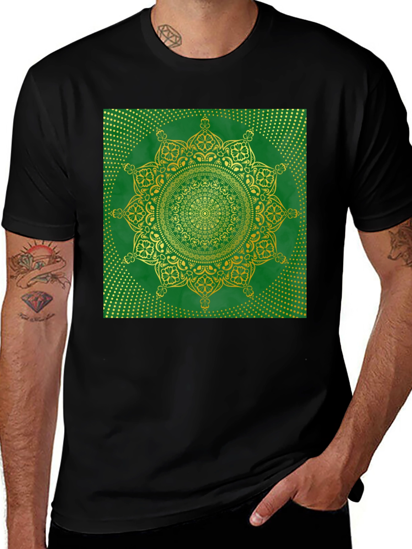 Variant 28 of Green Mandala Graphic Print Black T-Shirt