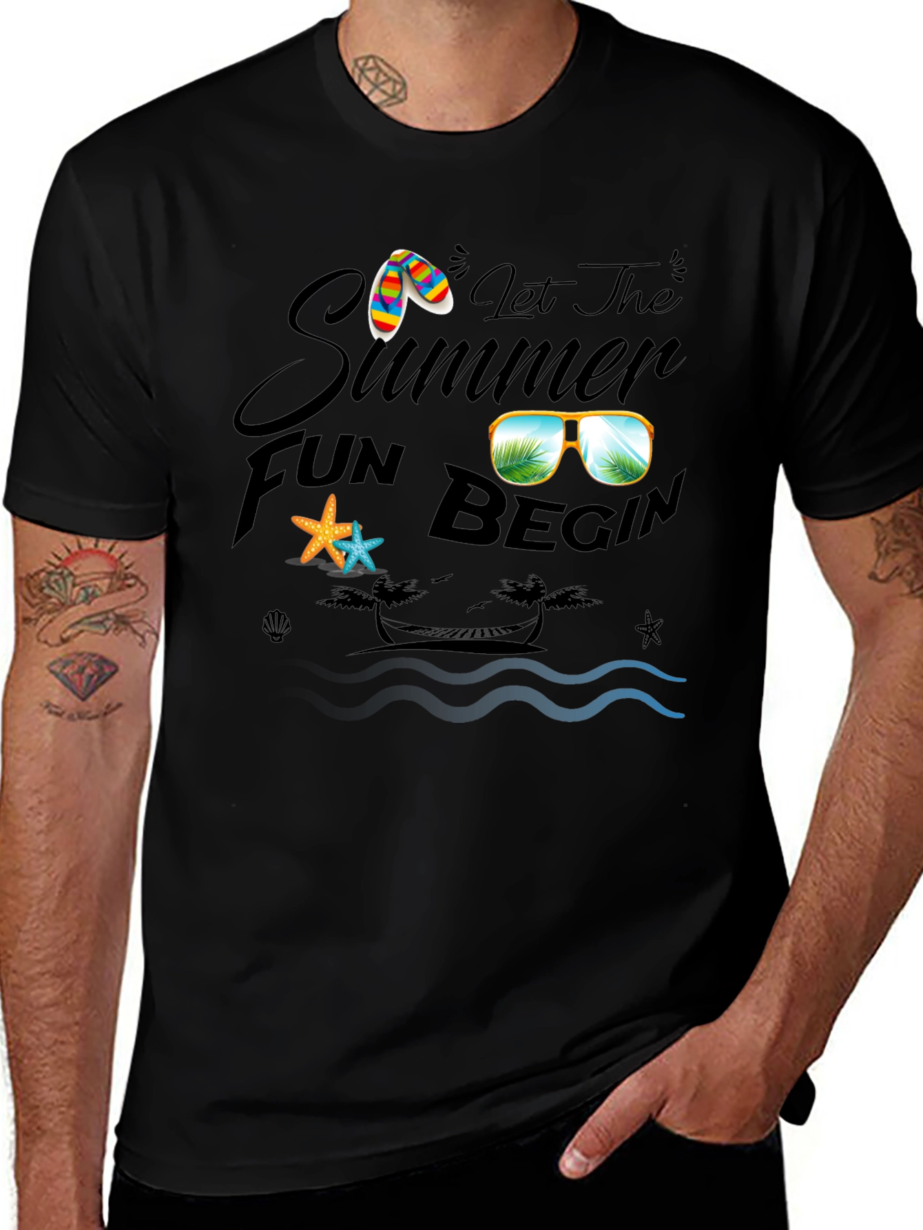 Summer Fun Graphic Tee - Black Cotton Casual T-Shirt