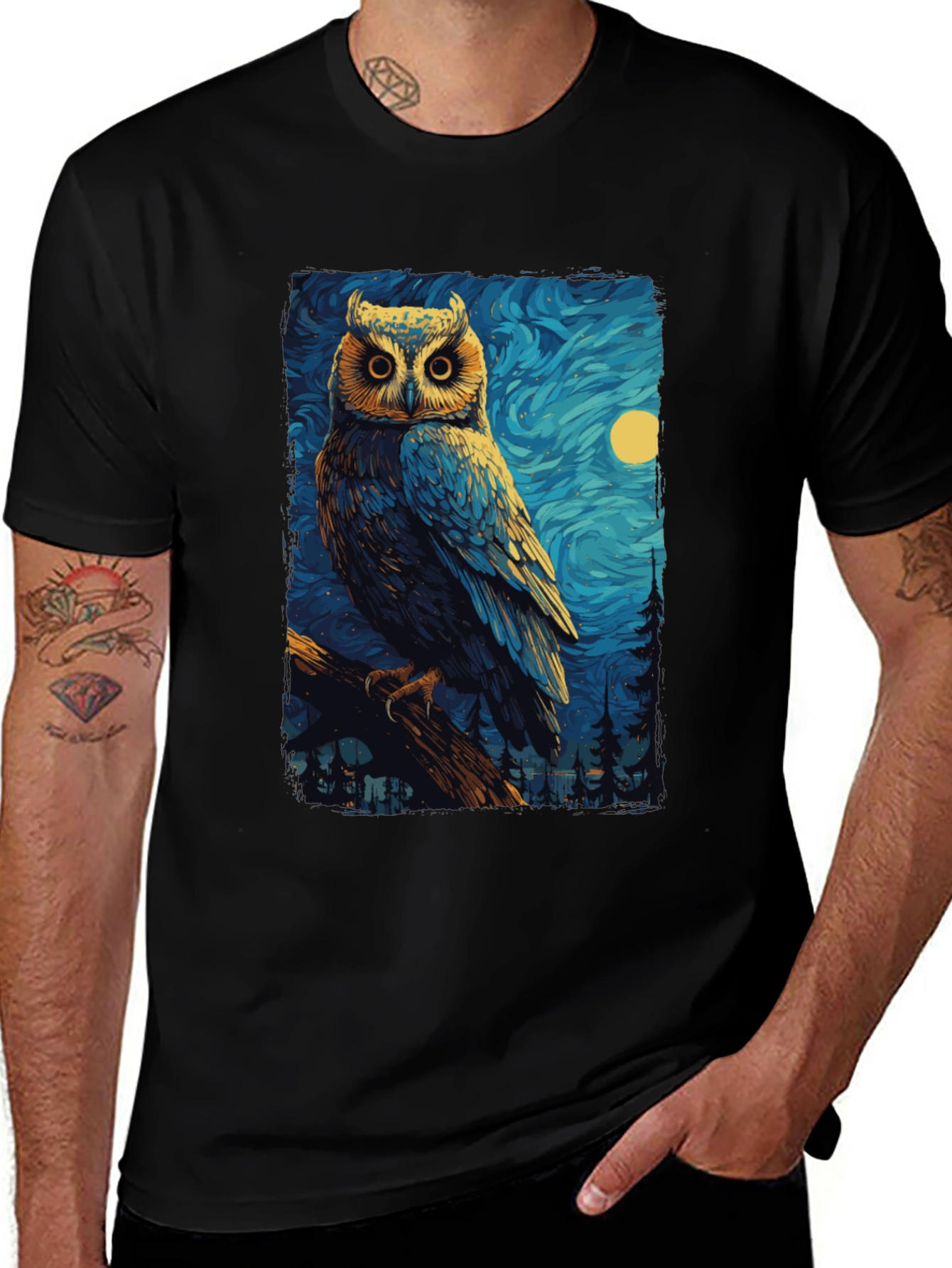 Variant 3 of Owl Starry Night Graphic Tee - Men's Black T-Shirt
