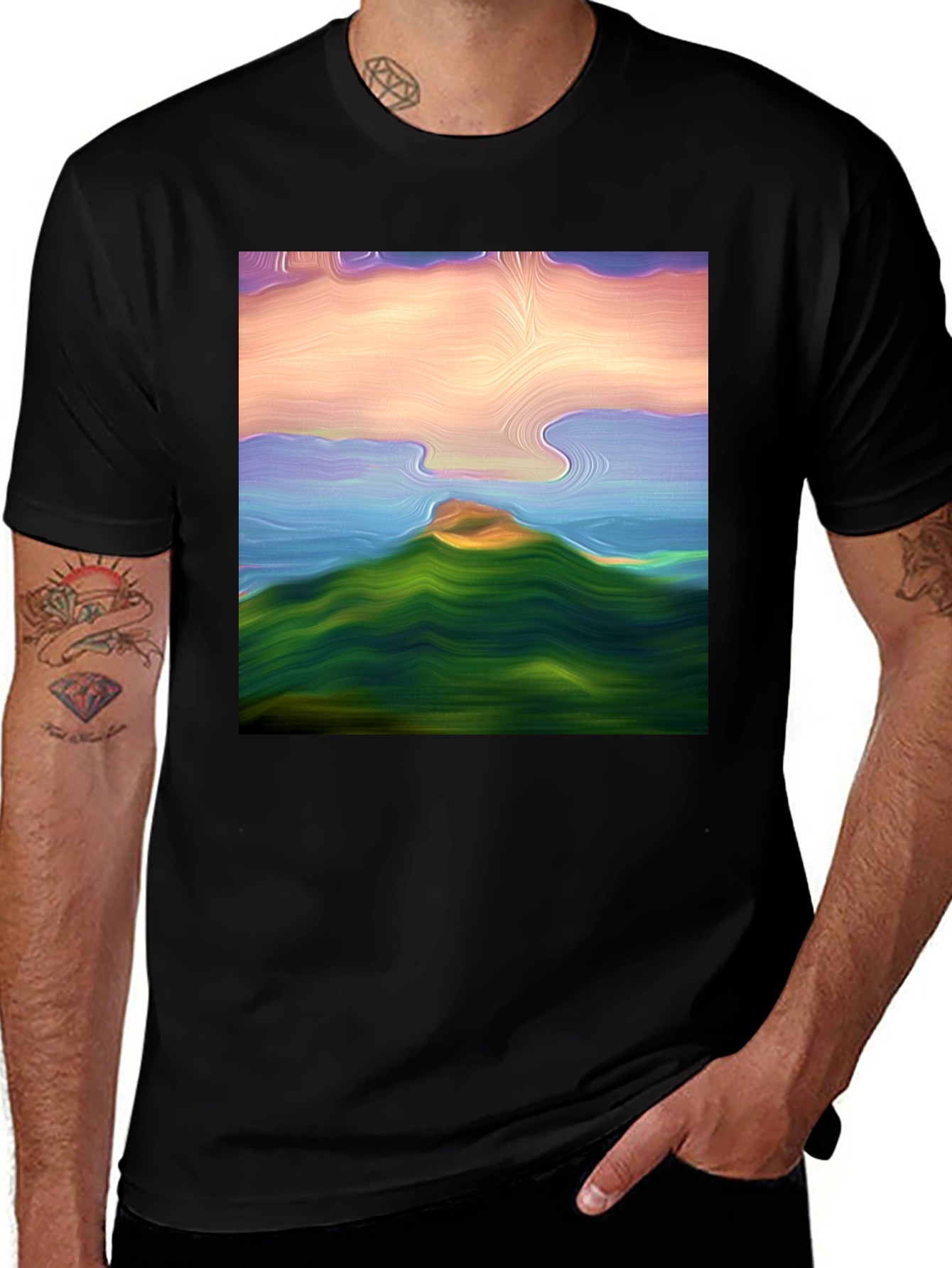 Variant 27 of Abstract Landscape Graphic Tee - Black Cotton Blend Shirt