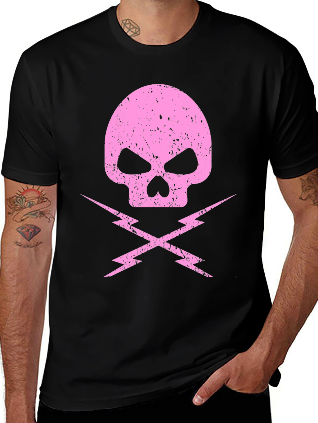 Variant 10 of Pink Skull & Lightning Bolt Graphic Black T-Shirt