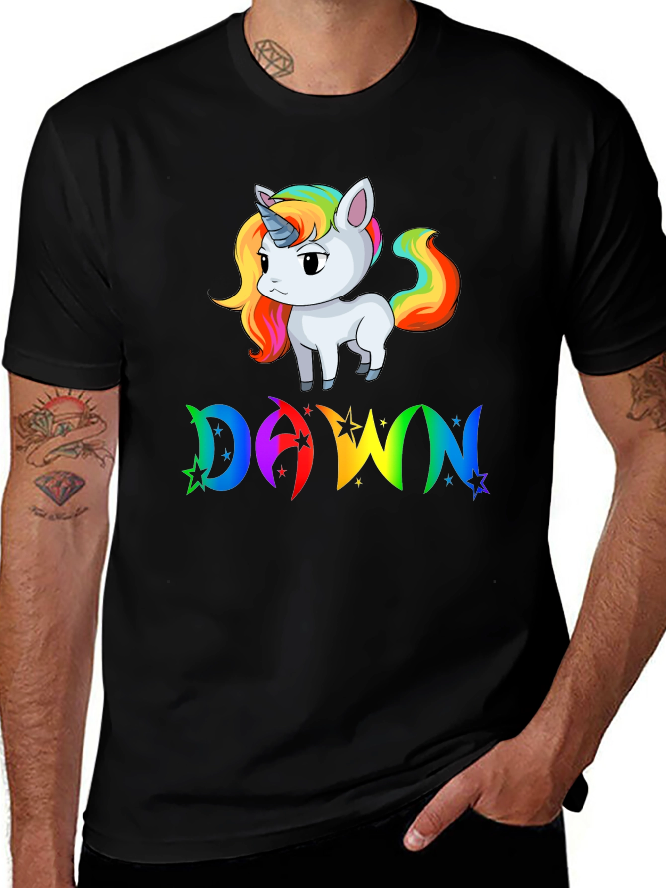 Variant 7 of Unicorn DAWN Rainbow Graphic Black T-Shirt