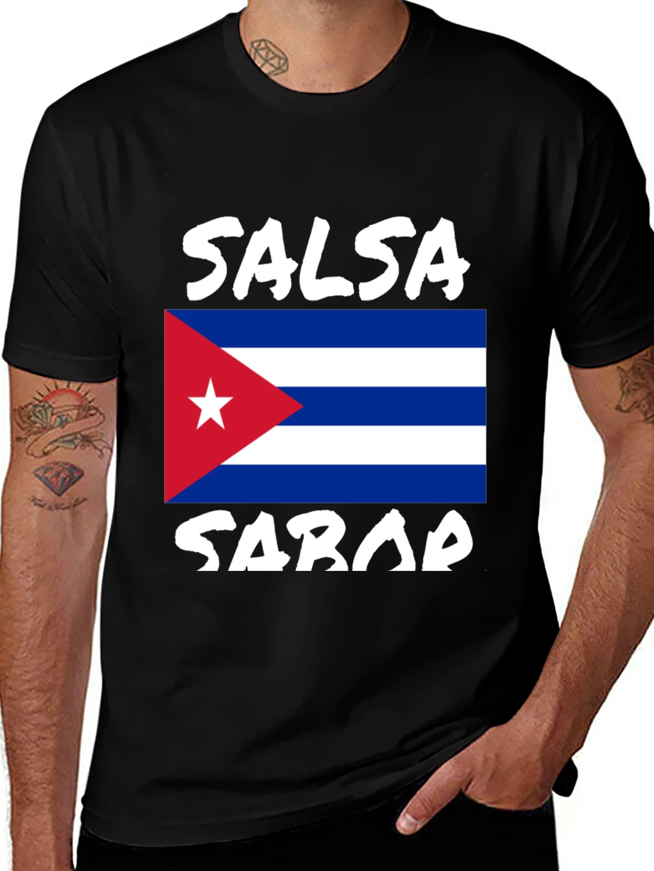 Salsa Sabor Cuba Flag Graphic Tee - Black Cotton T-Shirt