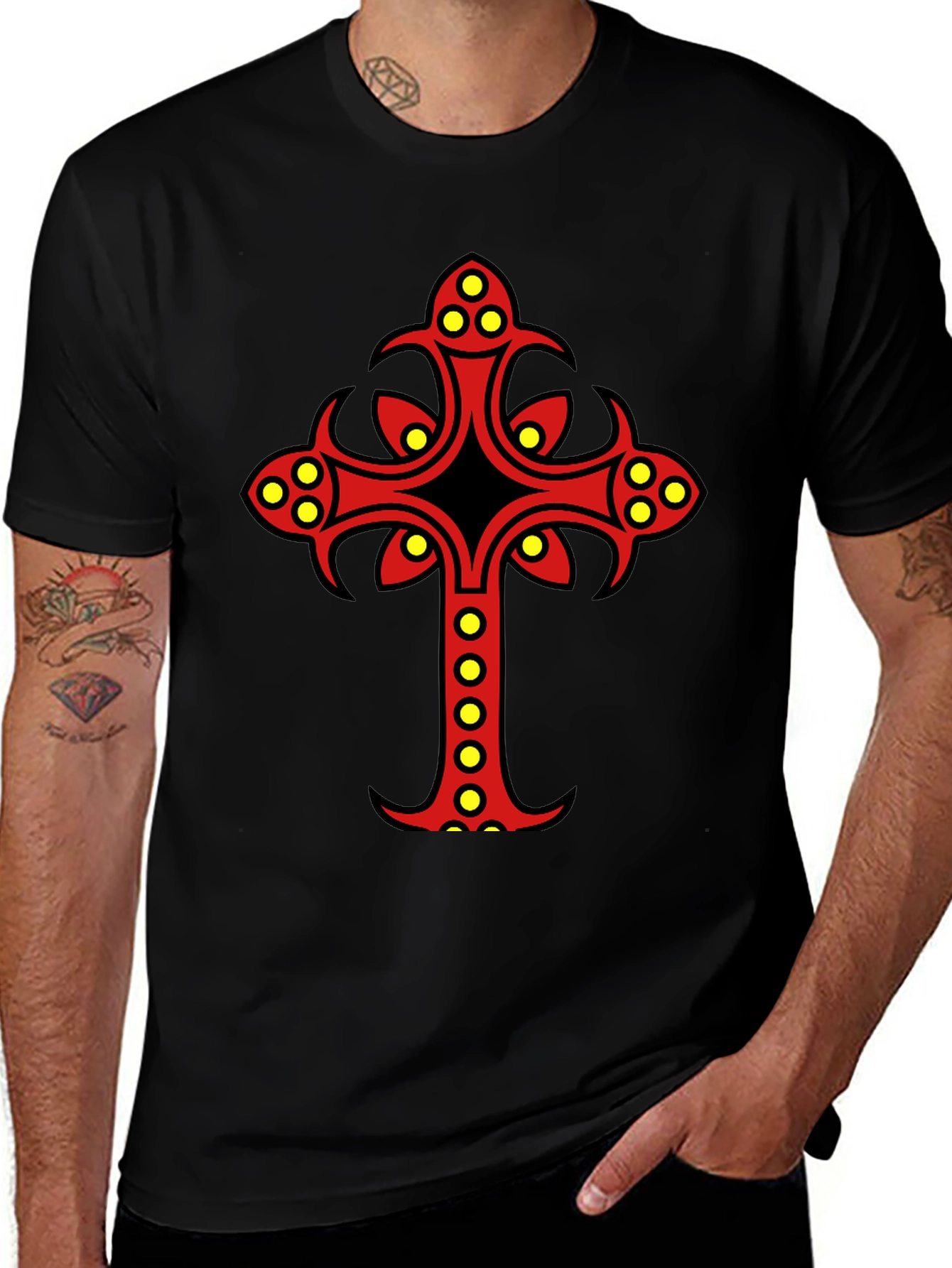 Variant 20 of Ornate Cross Graphic Tee - Black Cotton Blend