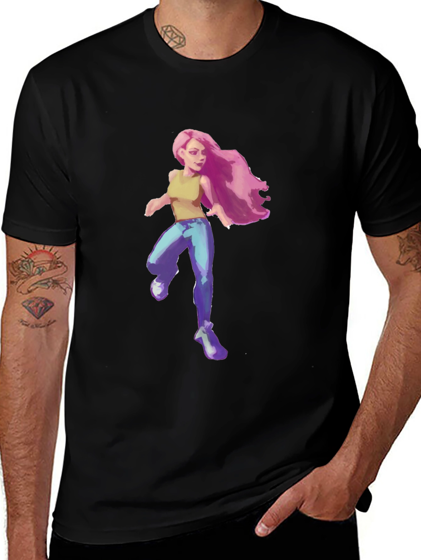 Variant 10 of Pink-Haired Girl Graphic Tee - Black Cotton Blend T-Shirt