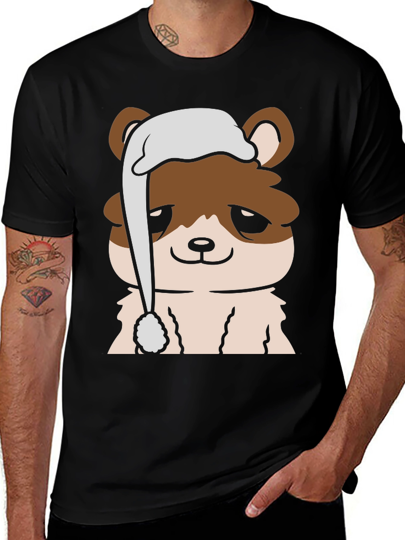 Variant 28 of Cute Cartoon Bear with Sleep Hat Men's Black T-Shirt