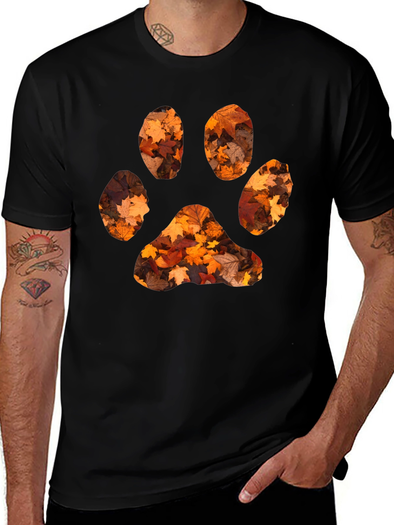 Variant 28 of Fall Leaves Paw Print Black T-Shirt