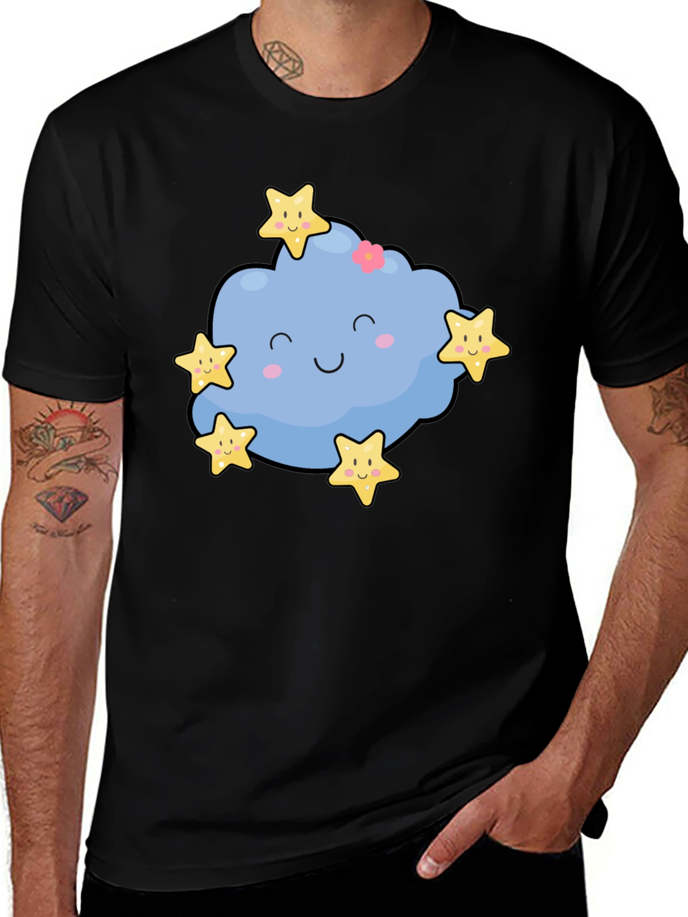 Black Cute Cloud & Stars Graphic Black T-Shirt main image
