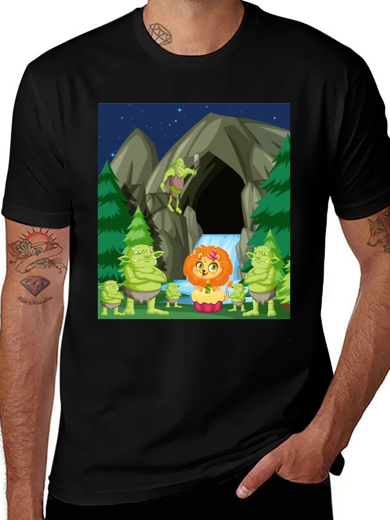 Variant 7 of Cartoon Lion & Trolls Black T-Shirt