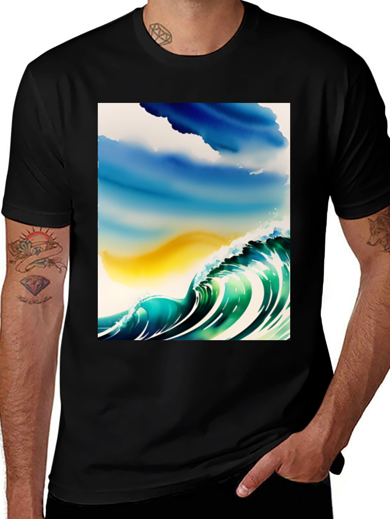 Variant 11 of Wave Watercolor Graphic Tee - Black Cotton Casual