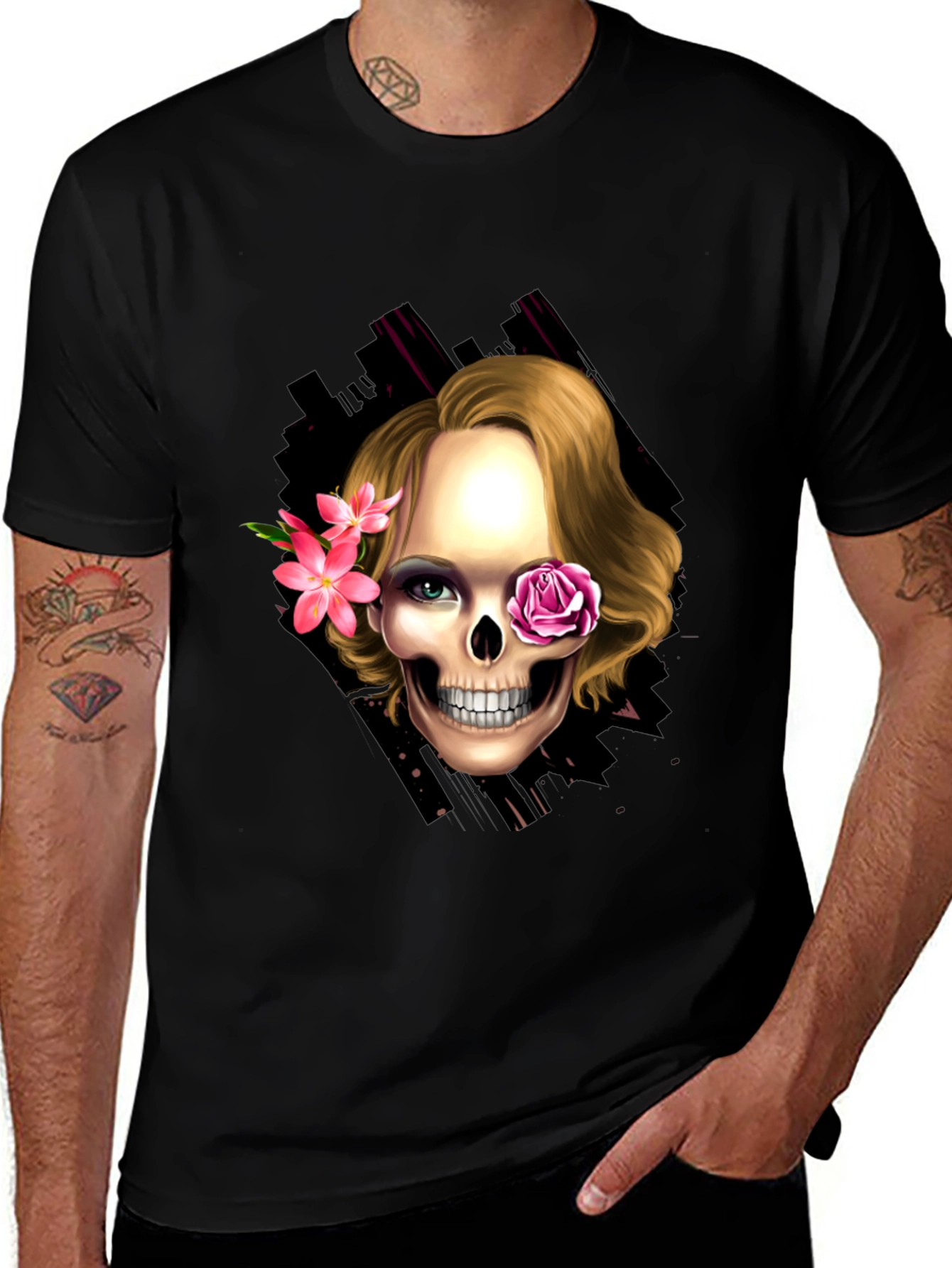 Variant 22 of Skull & Flowers Graphic Tee - Trendy Halloween Style