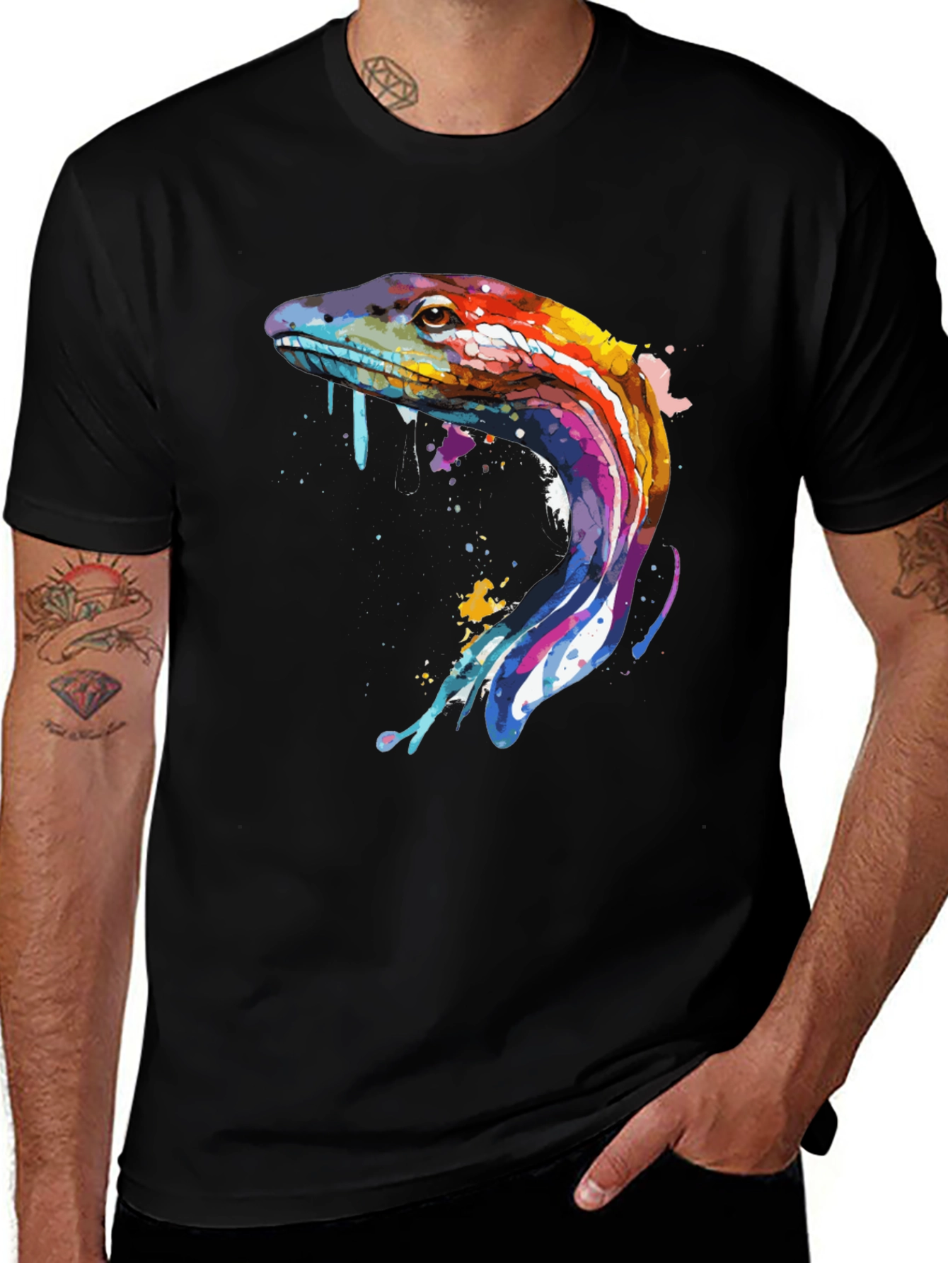 Vibrant Lizard Graphic Tee - Stylish Men's Black T-Shirt