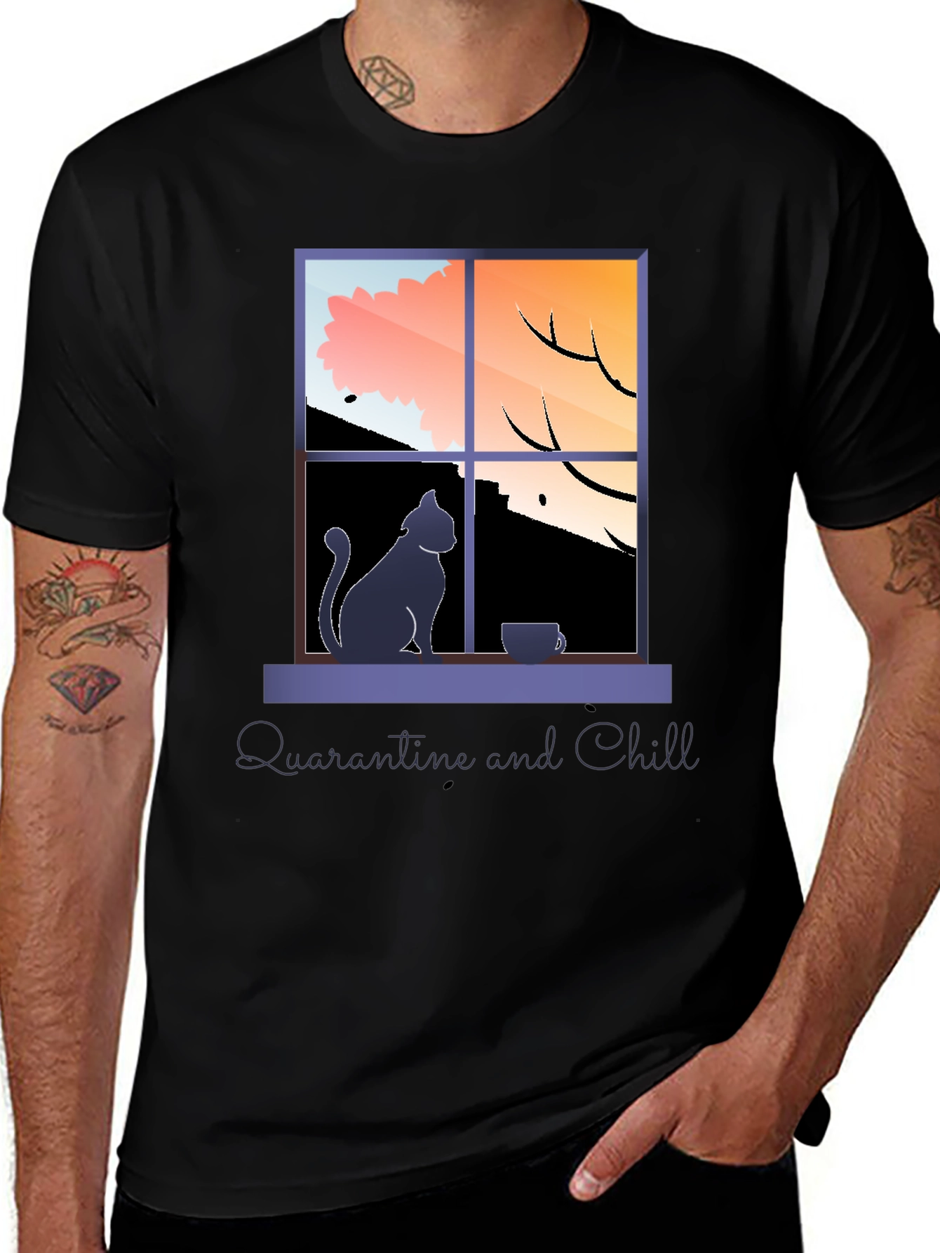 Quarantine and Chill T-Shirt - Cozy Cat Window View Tee