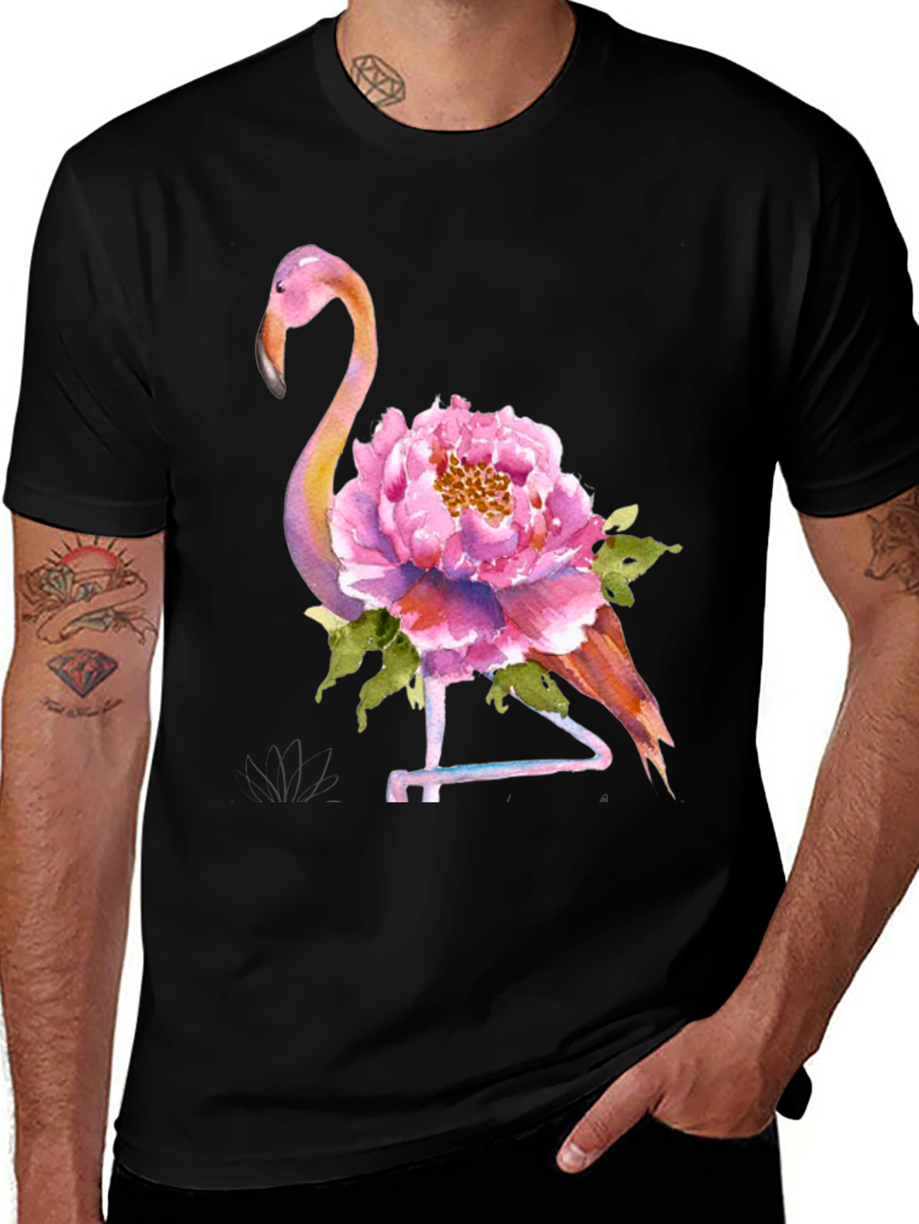Variant 2 of Men's Flamingo Floral Graphic Tee - Black