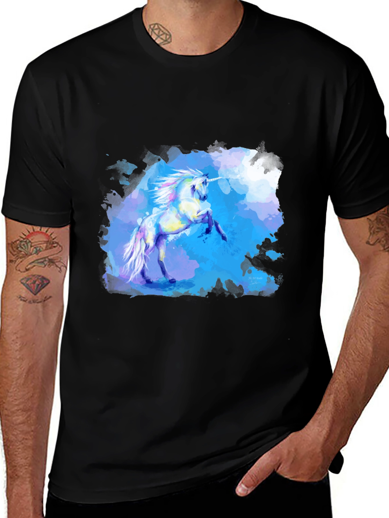 Variant 24 of Unicorn Watercolor Graphic Tee - Black Cotton T-Shirt