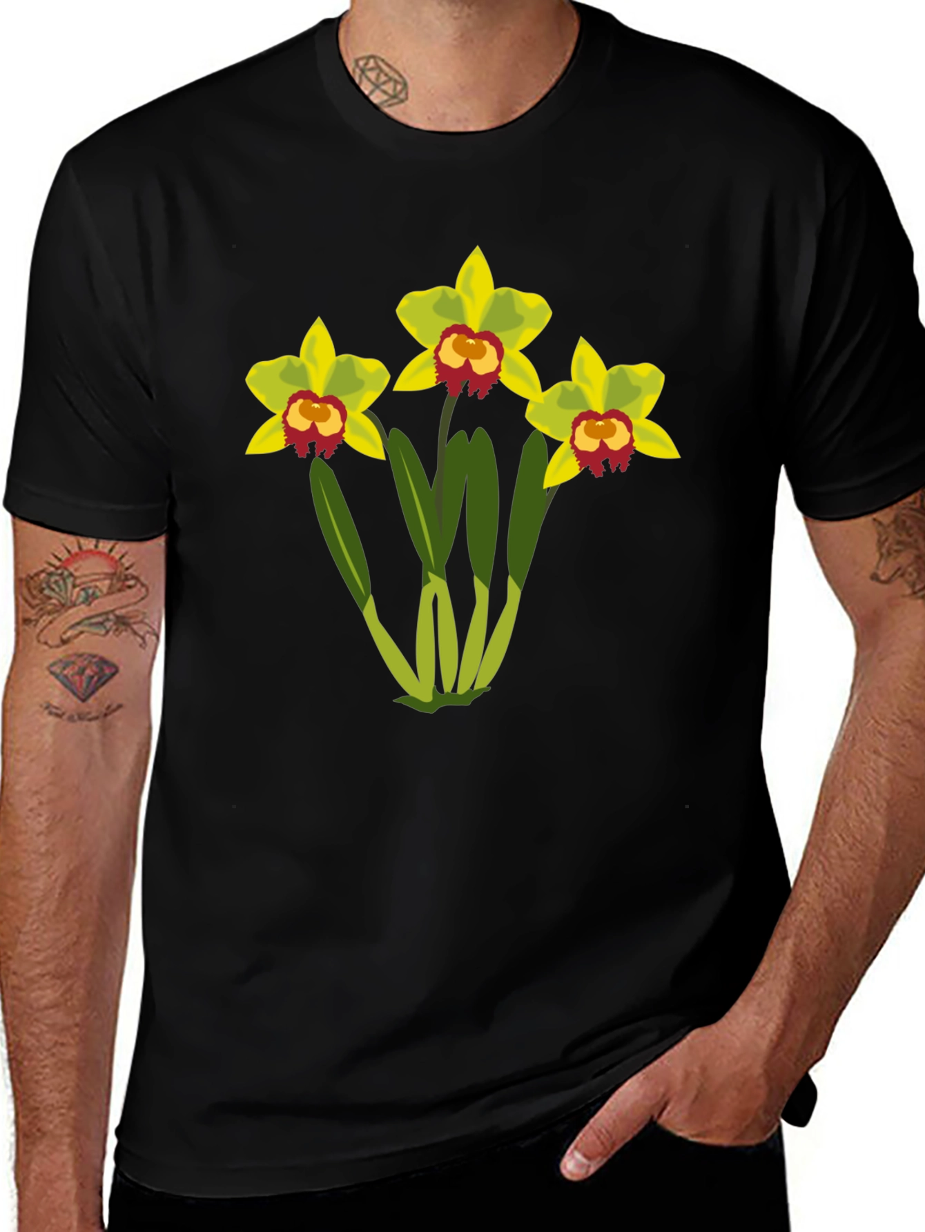 Variant 14 of Floral Graphic T-Shirt - Black Cotton Tee with Orchid Design
