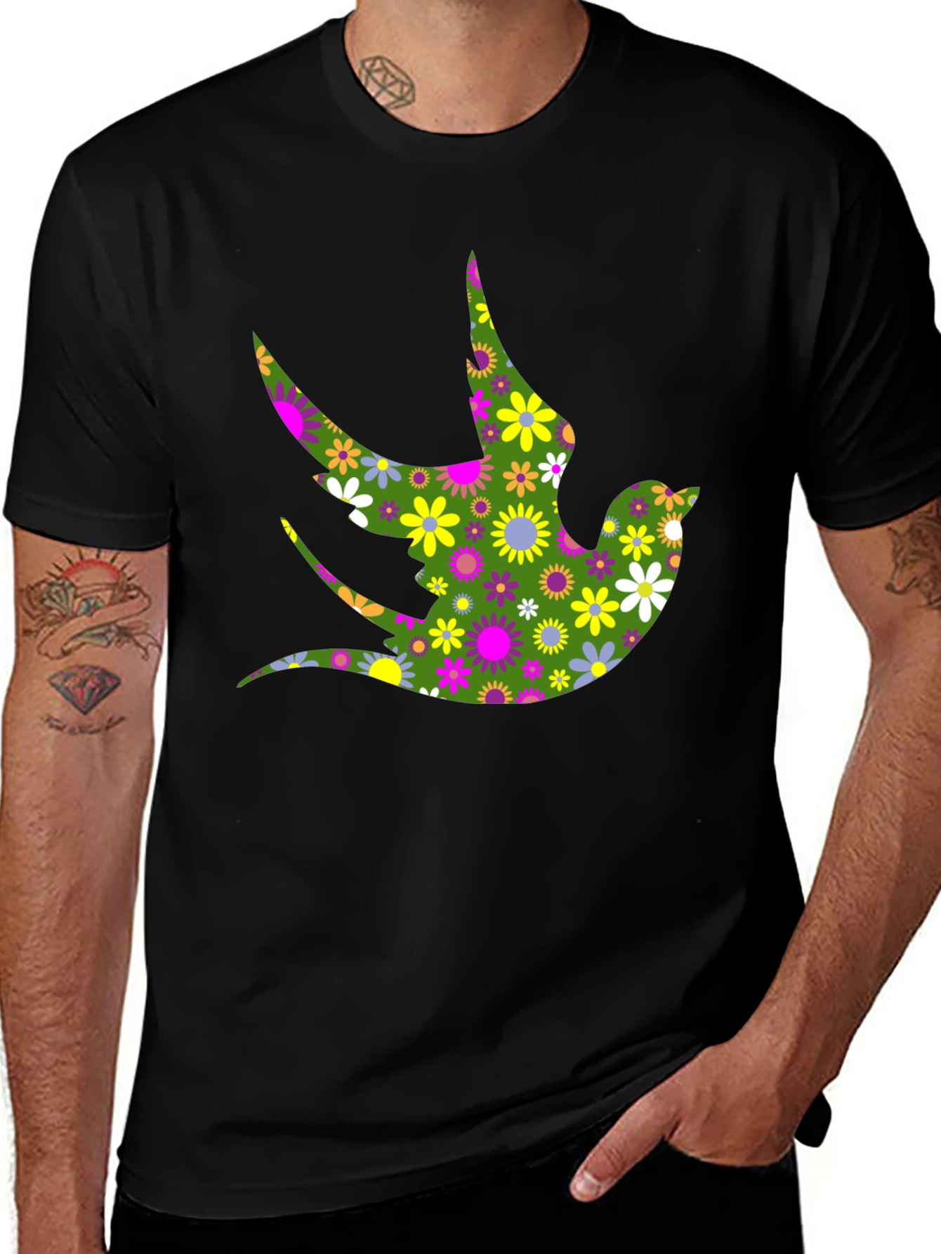 Variant 30 of Floral Dove Graphic Tee - Black Cotton T-Shirt
