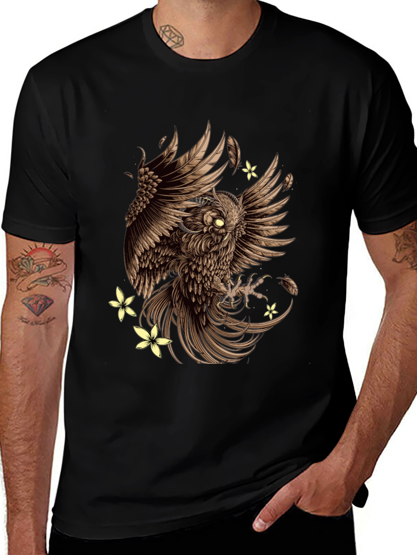 Variant 5 of Owl & Flowers Graphic Tee - Men's Black T-Shirt