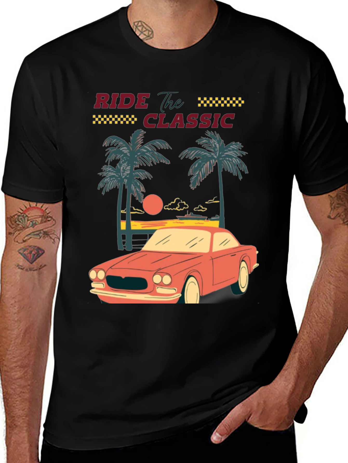 Variant 21 of Ride the Classic Tee - Retro Car & Palm Tree Design