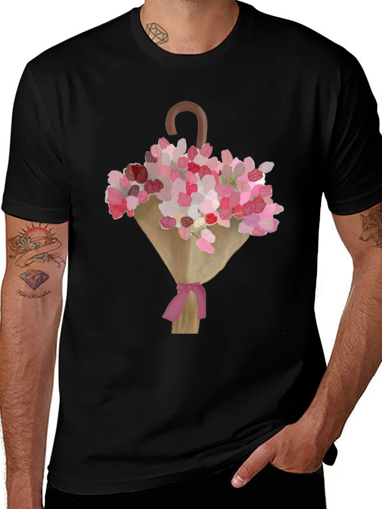 Variant 13 of Floral Umbrella Graphic Tee - Stylish Men's Black T-Shirt