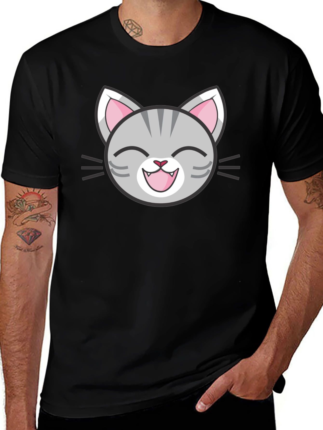 Cute Cartoon Cat Face Graphic Black T-Shirt