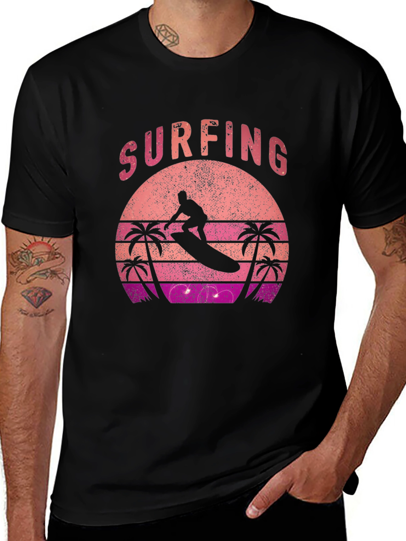 Variant 23 of Retro Surfing Sunset Graphic Tee - Black Cotton T-Shirt