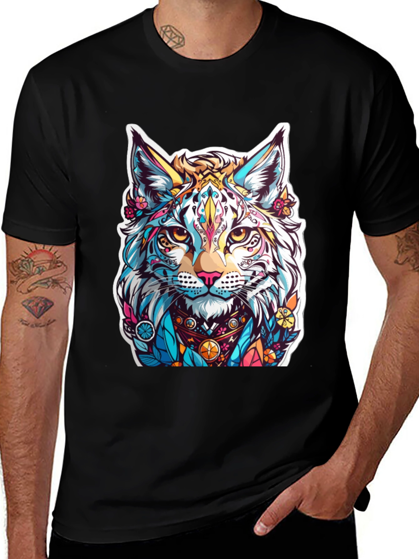 Colorful Lynx Graphic Black T-Shirt