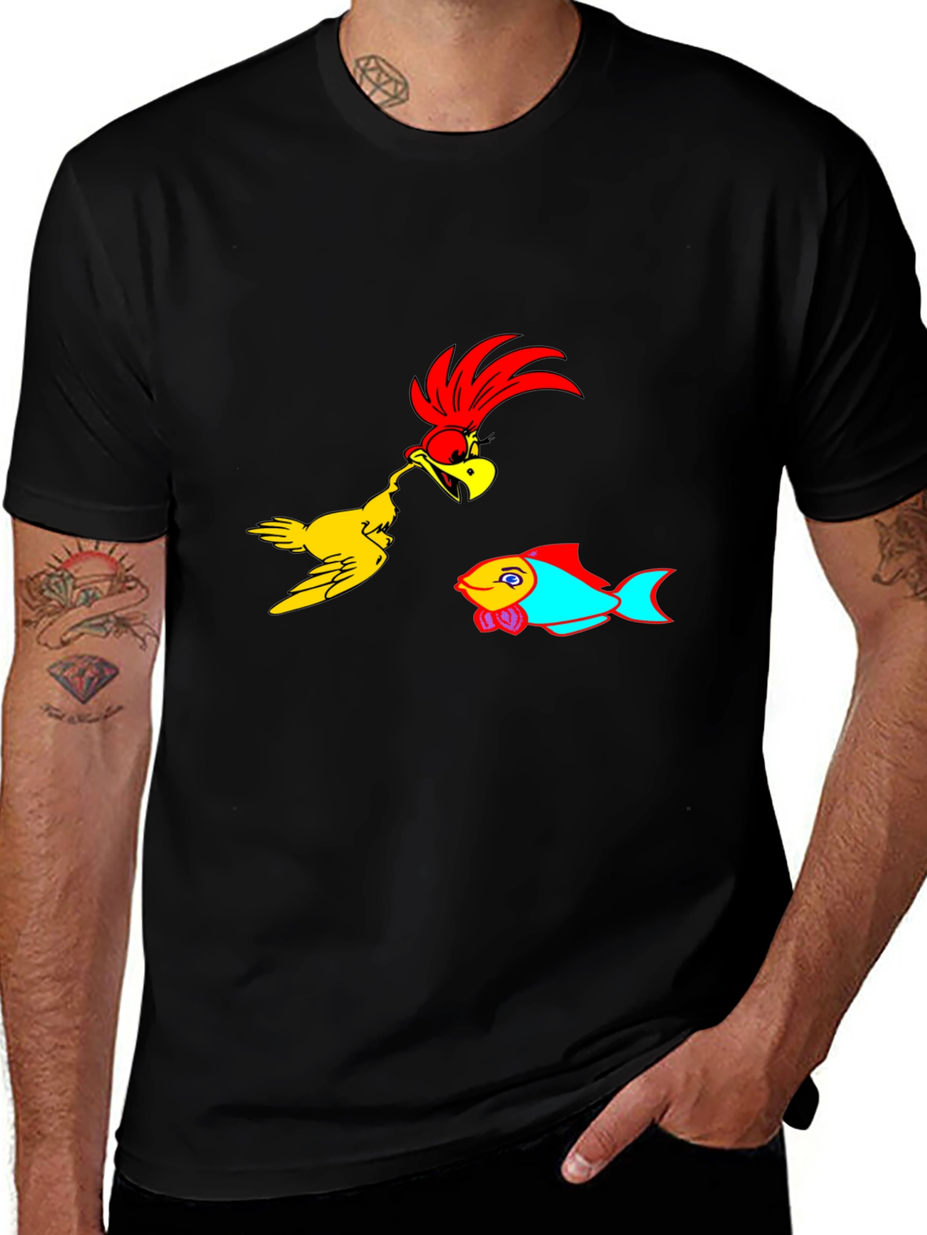 Cartoon Bird & Fish Graphic Black T-Shirt