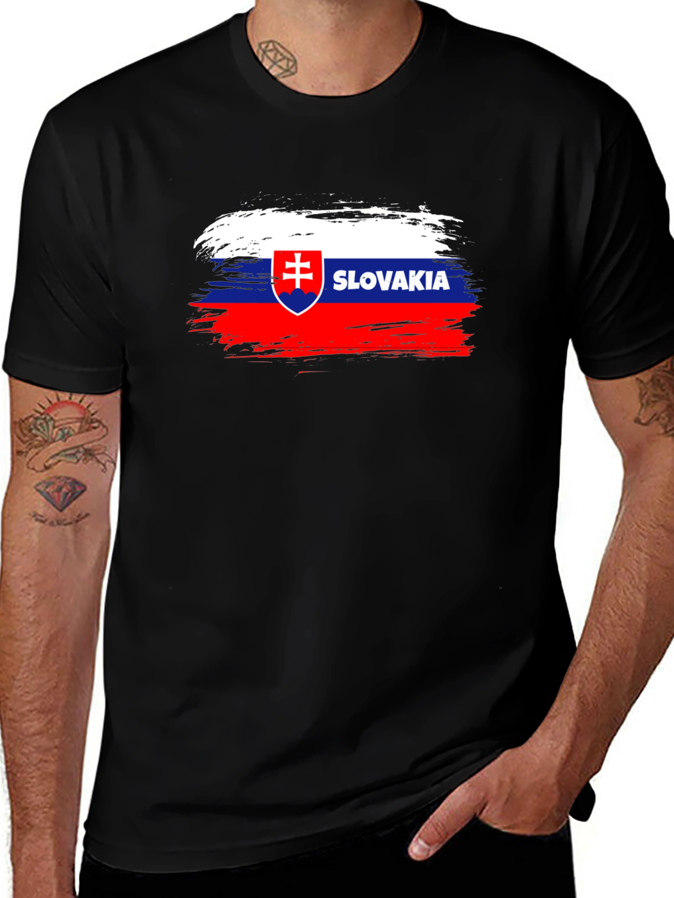 Variant 28 of Slovakia Flag Brushstroke T-Shirt - Black Cotton Tee