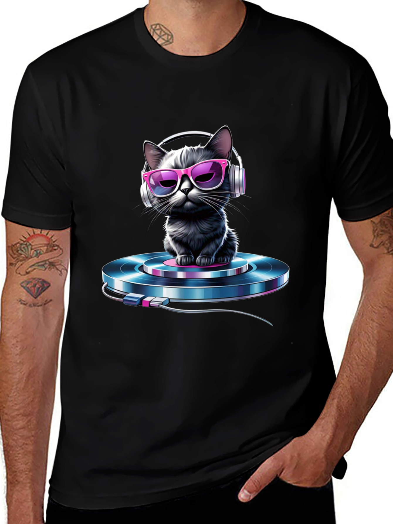 Variant 26 of Cool Cat DJ T-Shirt - Black Graphic Tee